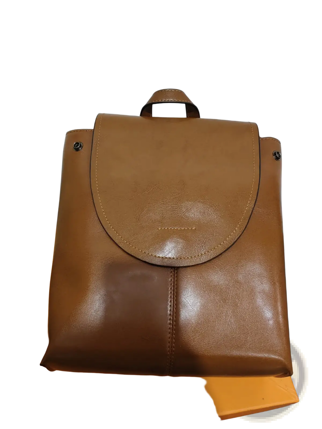 Tan leather messenger backpack with rounded flap closure and subtle stitching details in retro fashion style