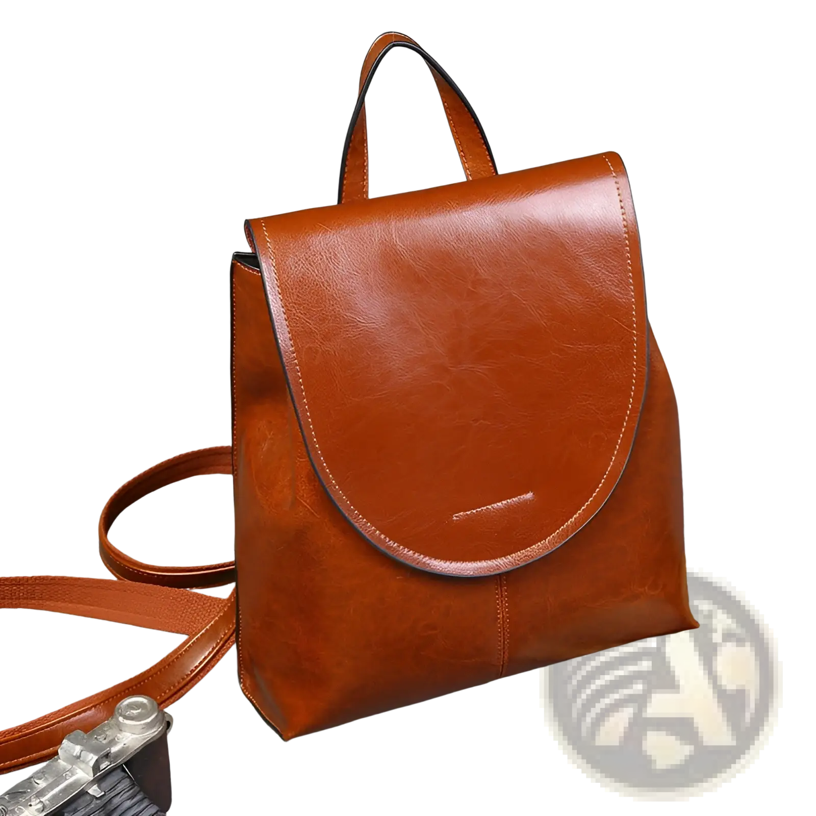 Brown leather messenger backpack with curved flap closure and matching shoulder straps for retro fashion use