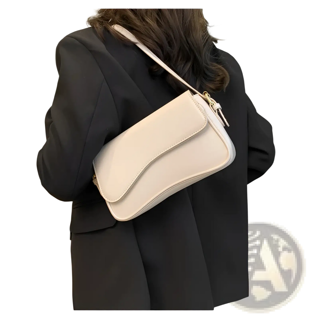 Cream-colored leather messenger bag with smooth leather-like material and minimalist crossbody design