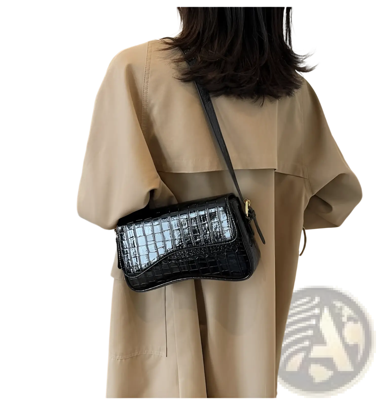 Leather messenger bag minimalist crossbody organ bag black crocodile-embossed leather with sleek glossy finish and gold hardware