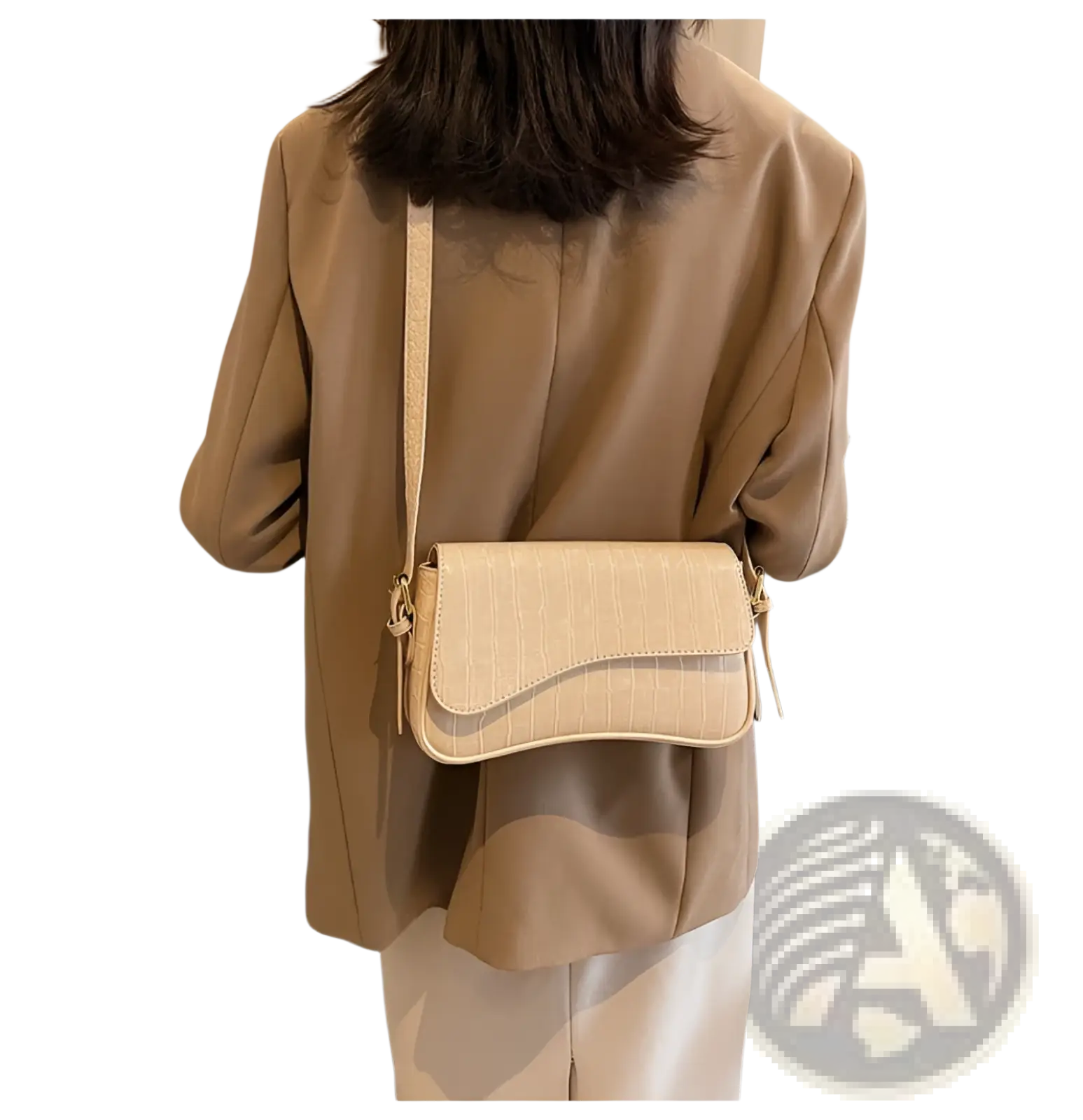 Beige crocodile-textured leather minimalist crossbody messenger bag ideal for organized daily use