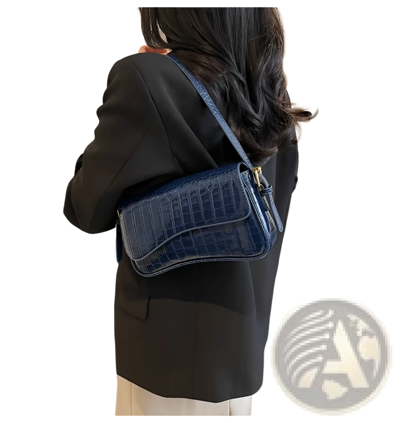 Deep blue leather messenger bag with crocodile embossing, structured design, and gold-tone hardware crossbody style