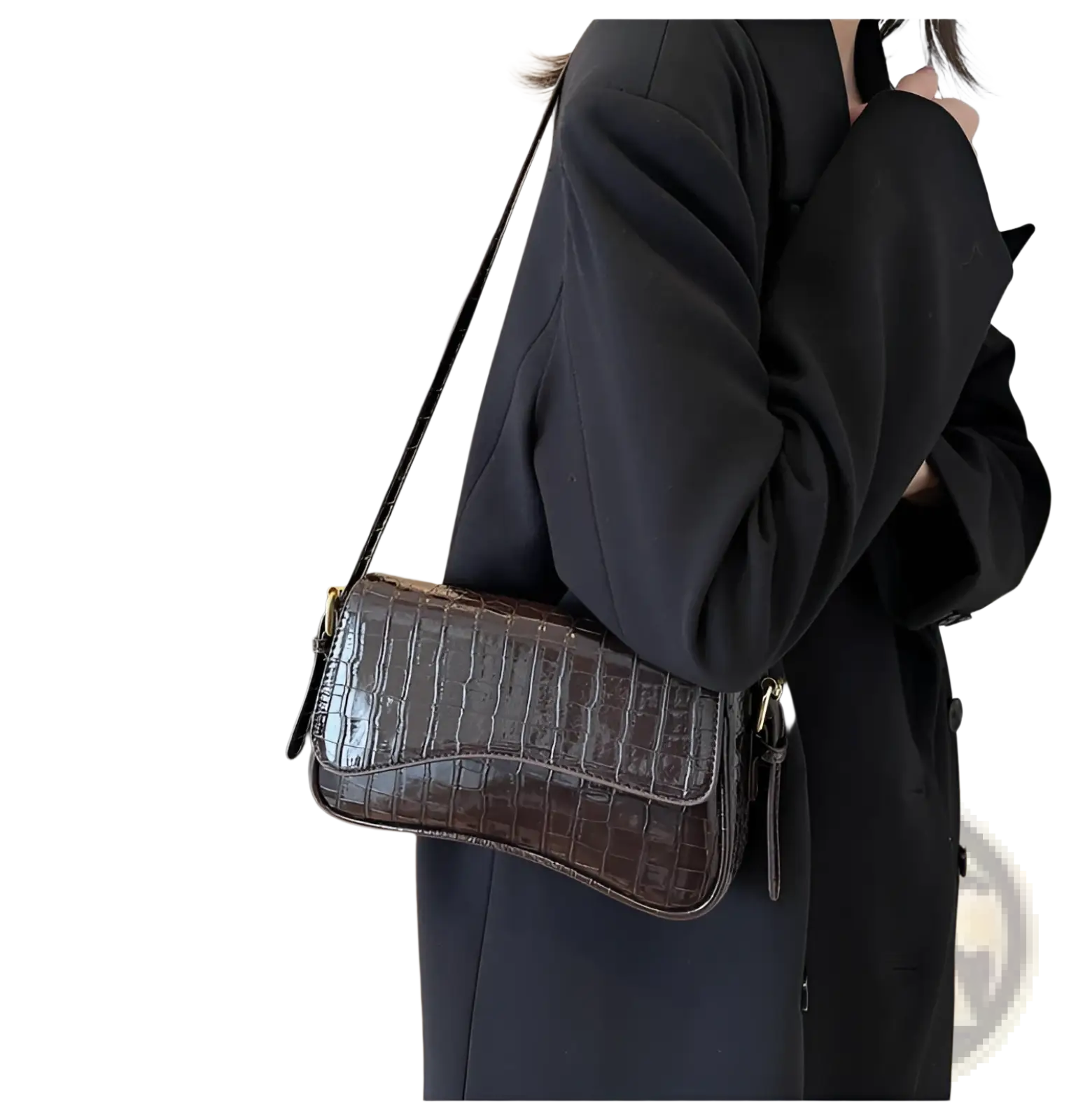 Dark brown crocodile-embossed leather minimalist messenger crossbody bag with sleek curved design and gold-tone hardware