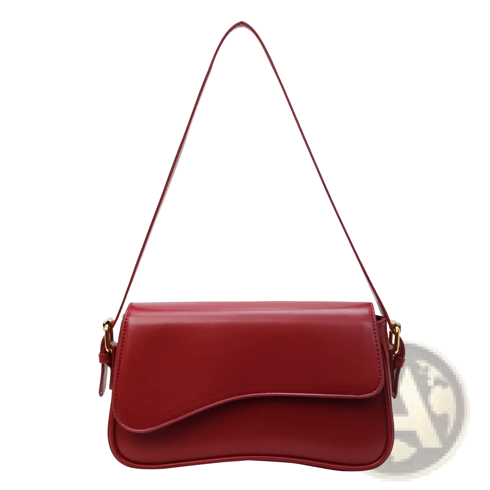 A sleek glossy red leather messenger bag with curved flap gold tone hardware minimalist crossbody design
