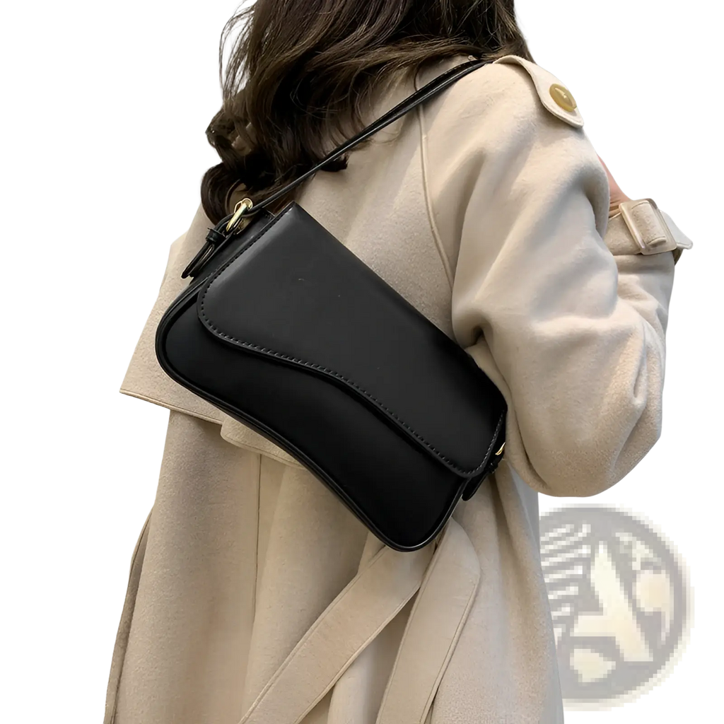 Black faux leather minimalist crossbody leather messenger bag with gold-tone hardware for organized carrying