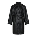 Unisex black faux leather mid length trench coat with belted waist and button front closure