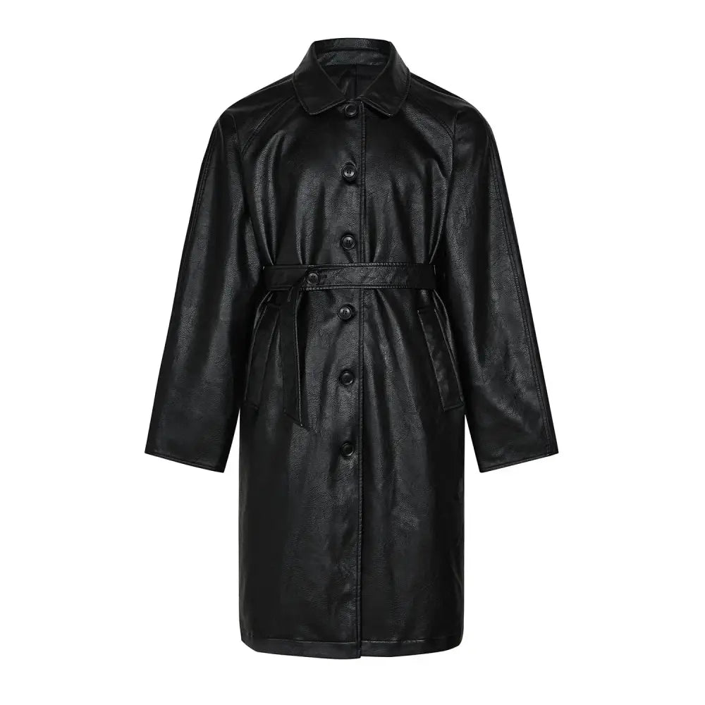 Black faux leather unisex mid length trench coat with belted waist and button front closure