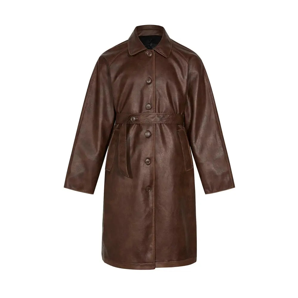 A sleek chocolate-brown unisex faux leather mid length trench coat with classic collar and matching belt