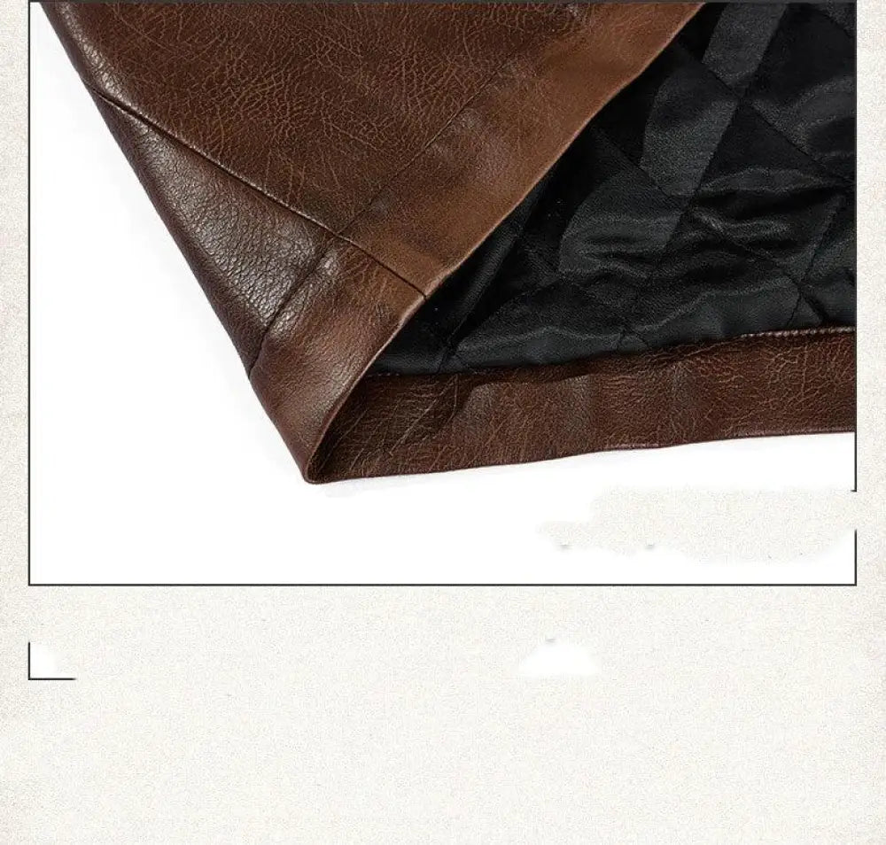 Unisex faux leather mid length trench coat in brown with quilted black satin lining shown from the back side
