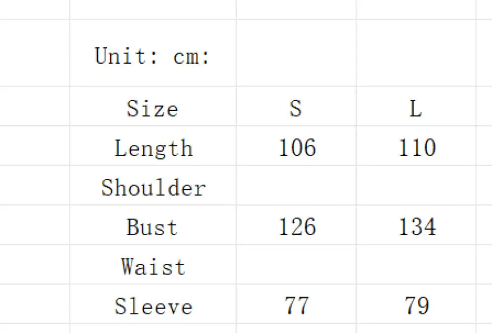 Size chart in centimeters for unisex faux leather mid length trench coat showing measurements for sizes S and L
