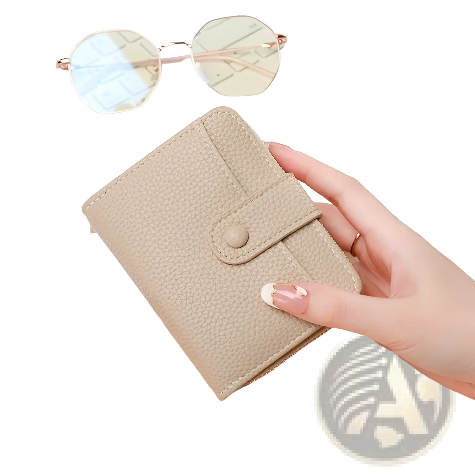 Beige textured leather mini organ wallet with button closure for secure compact storage
