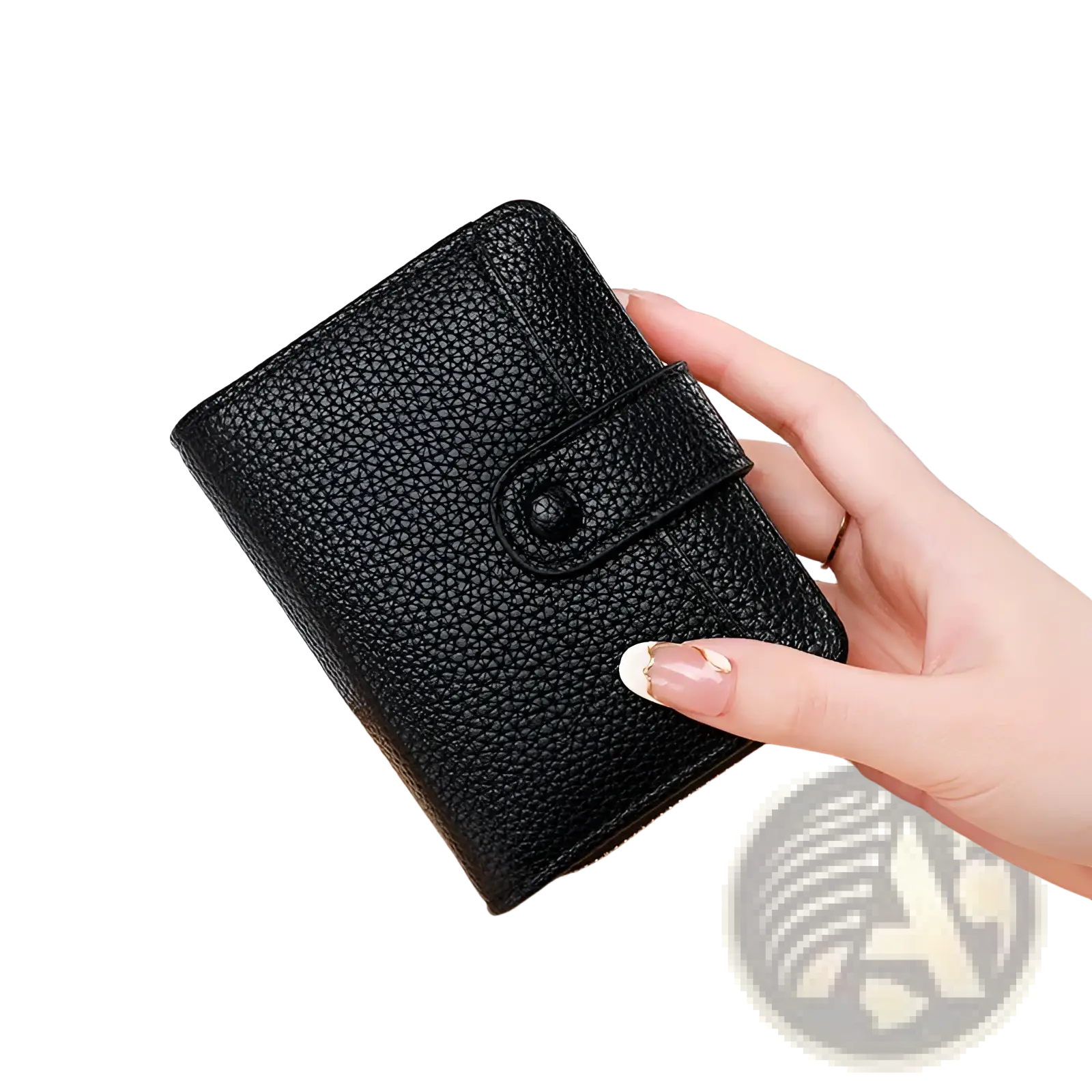 Black pebbled leather mini organ wallet with snap-button closure for compact and secure storage