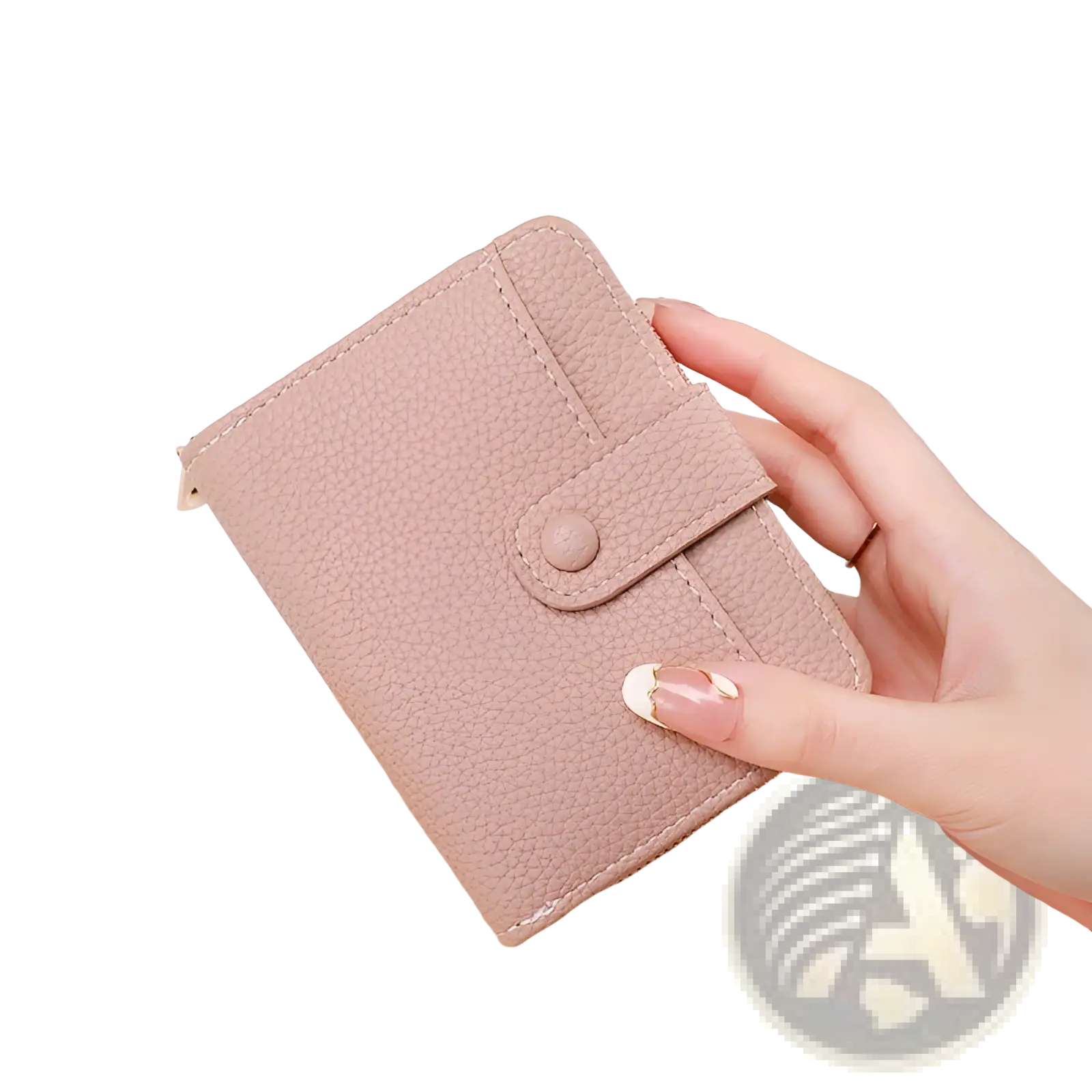 A soft pink textured leather mini organ wallet with a matching button closure for secure storage