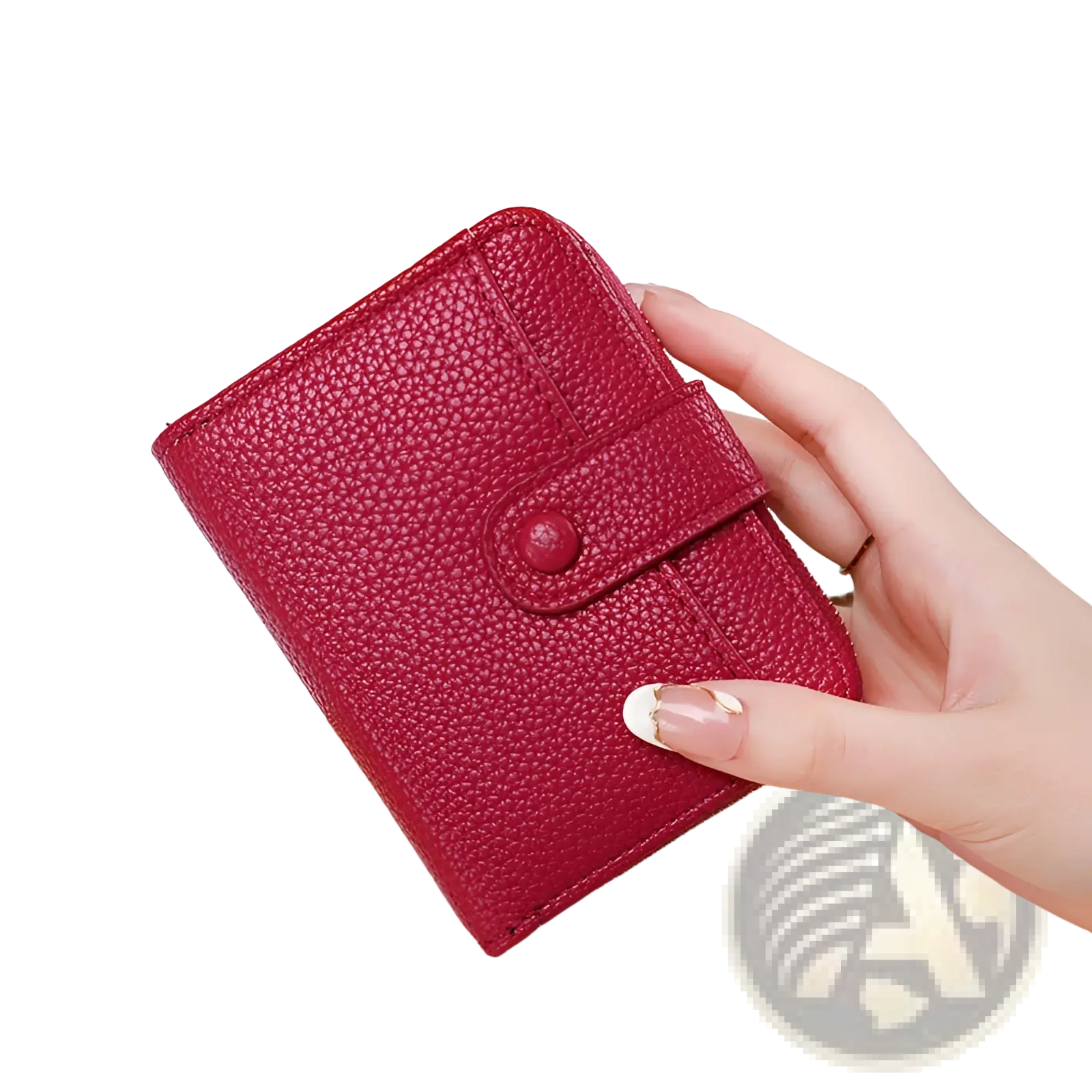 A vibrant red textured leather mini organ wallet with a matching button closure for secure storage