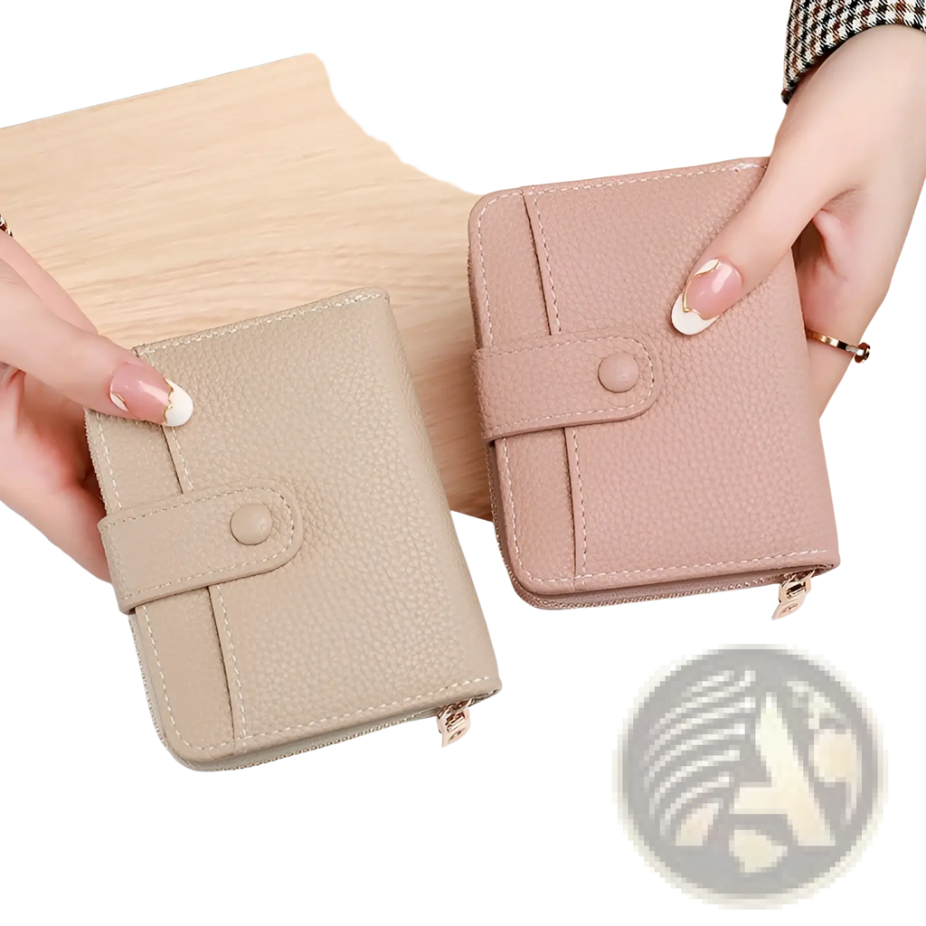 Beige and blush pink textured leather mini organ wallets with button closures for secure storage