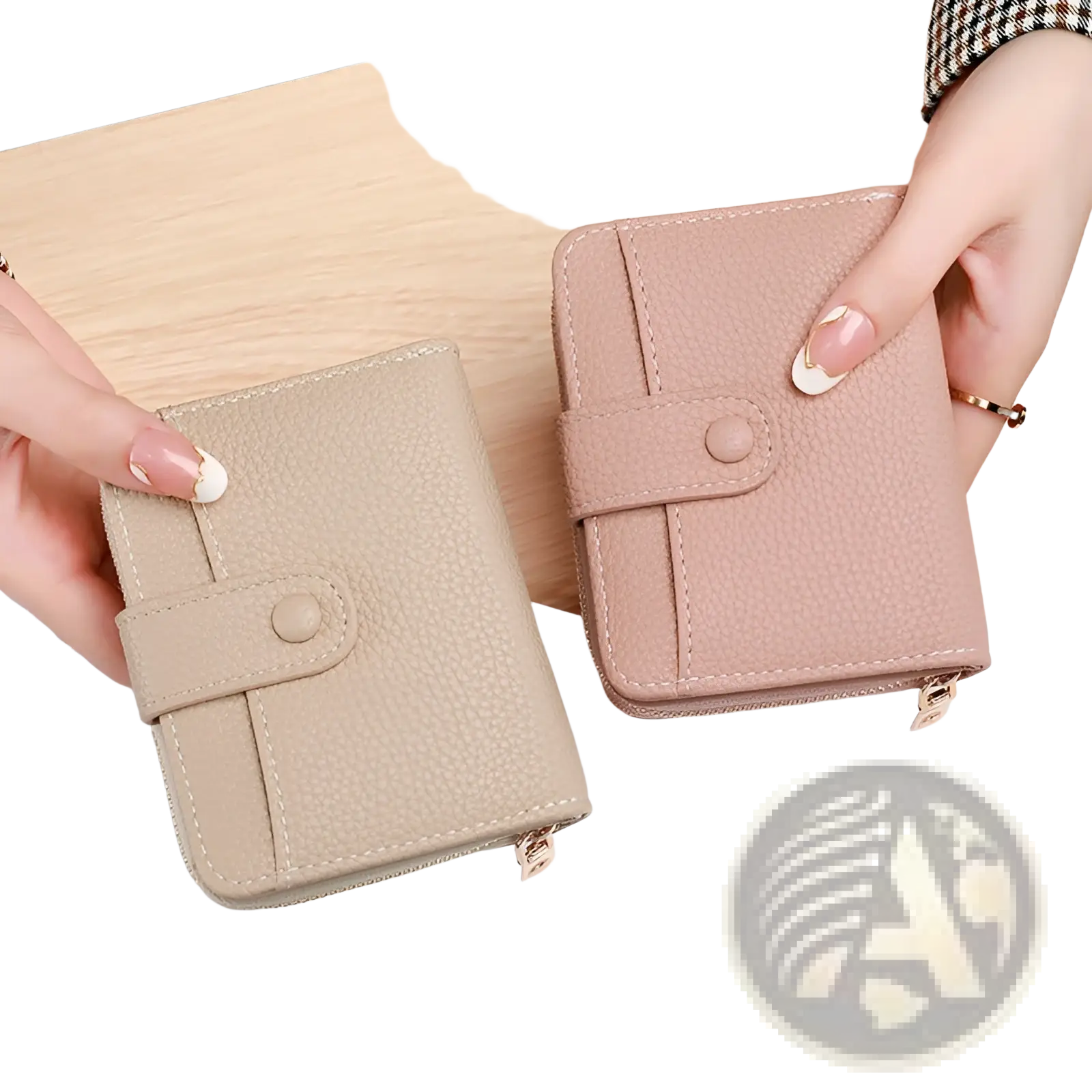 Beige and blush pink textured leather mini organ wallets with button closures for secure storage