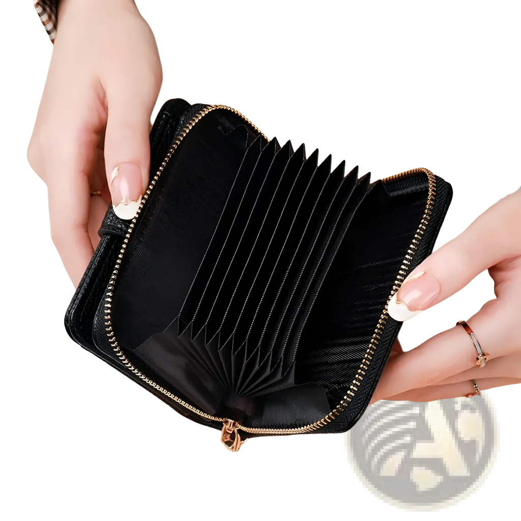 Black leather mini organ wallet with gold zipper and accordion-style card slots with button closure