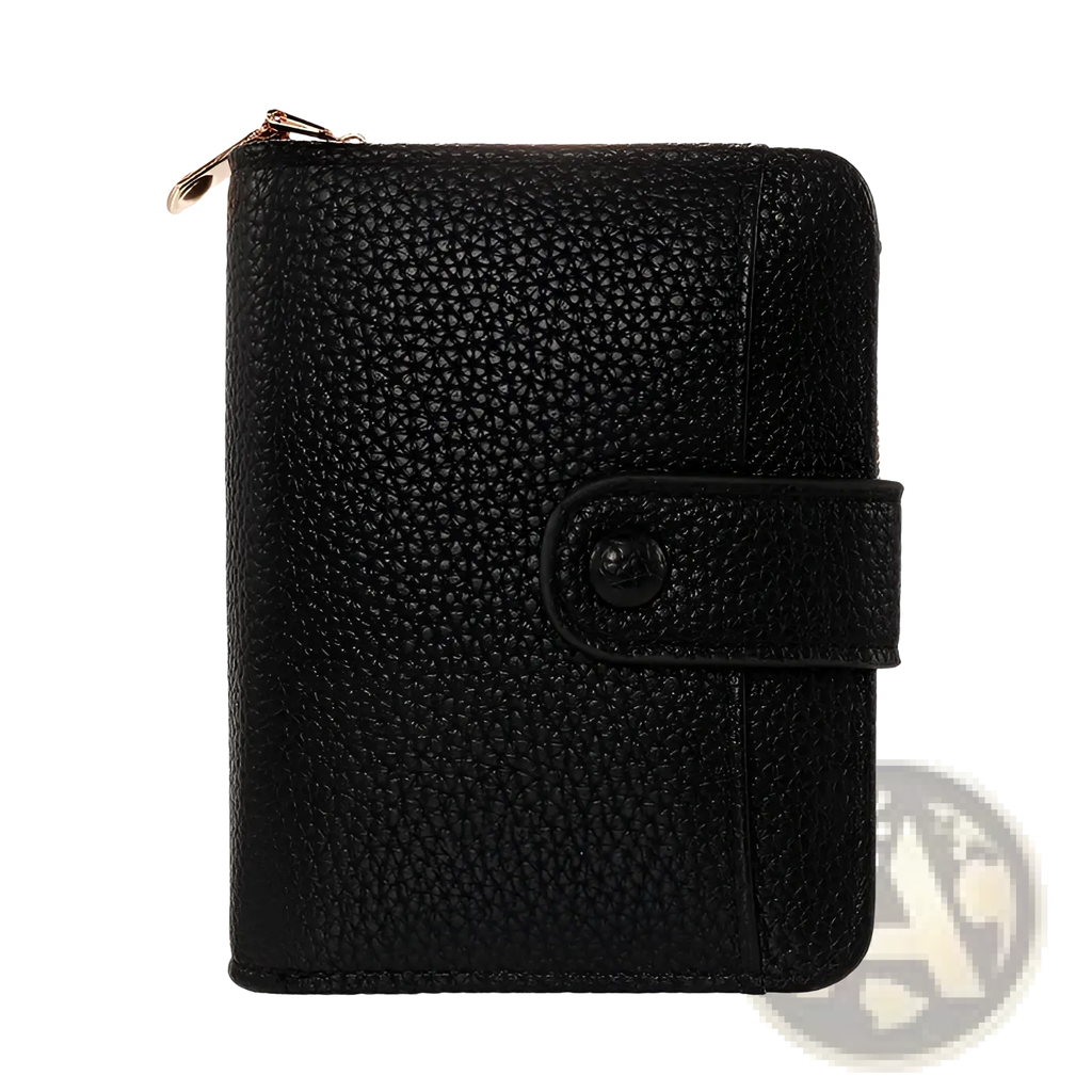 Black pebbled leather mini organ wallet with gold-tone zipper and black button closure