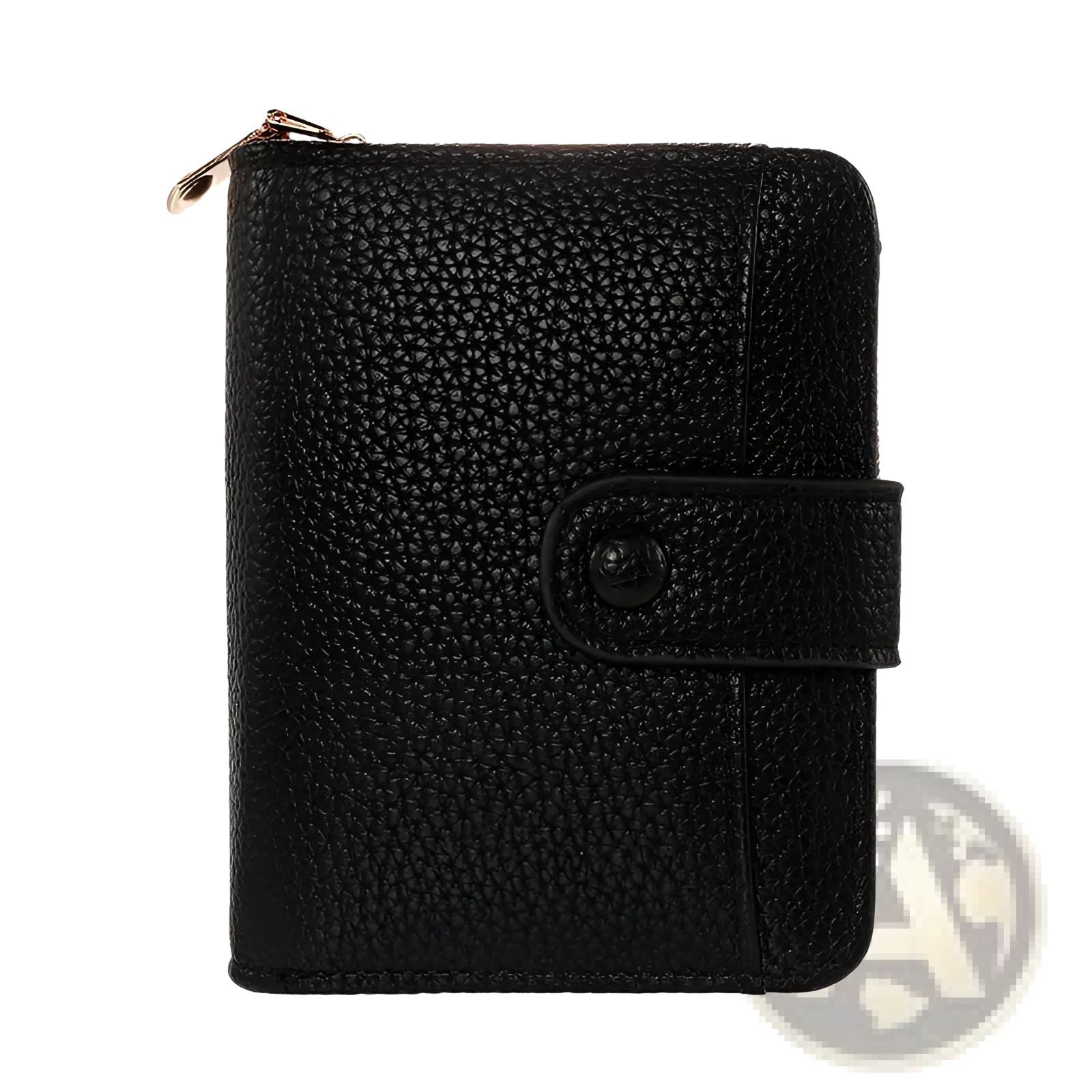 Black pebbled leather mini organ wallet with gold-tone zipper and black button closure