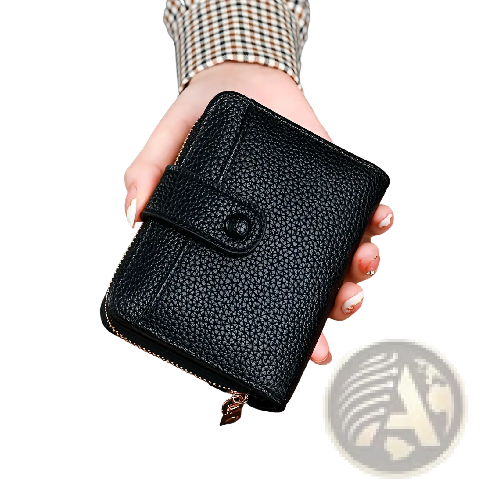 Black textured leather mini organ wallet with zipper closure and small button detail for secure storage