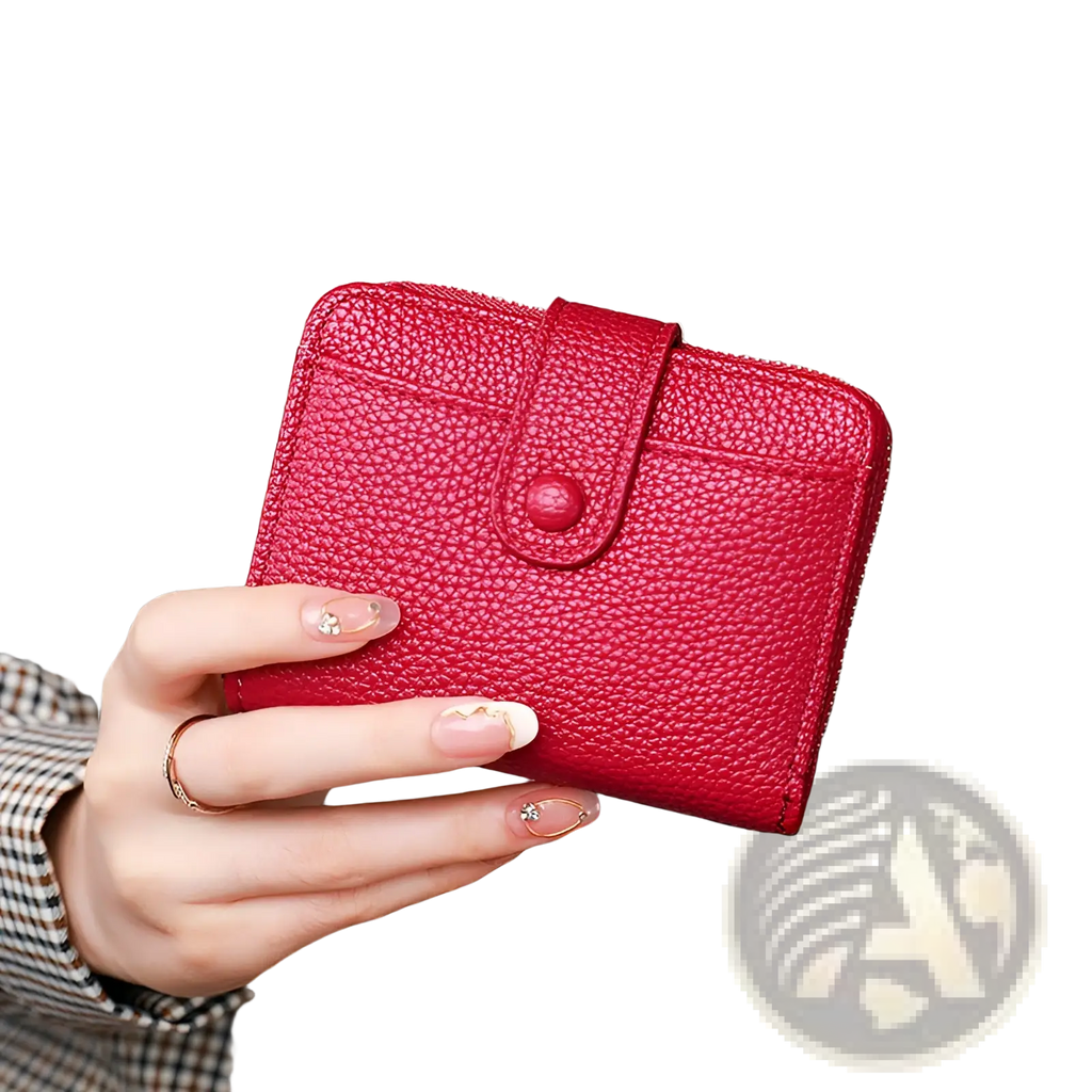 Vibrant red leather mini organ wallet featuring textured material and matching button closure