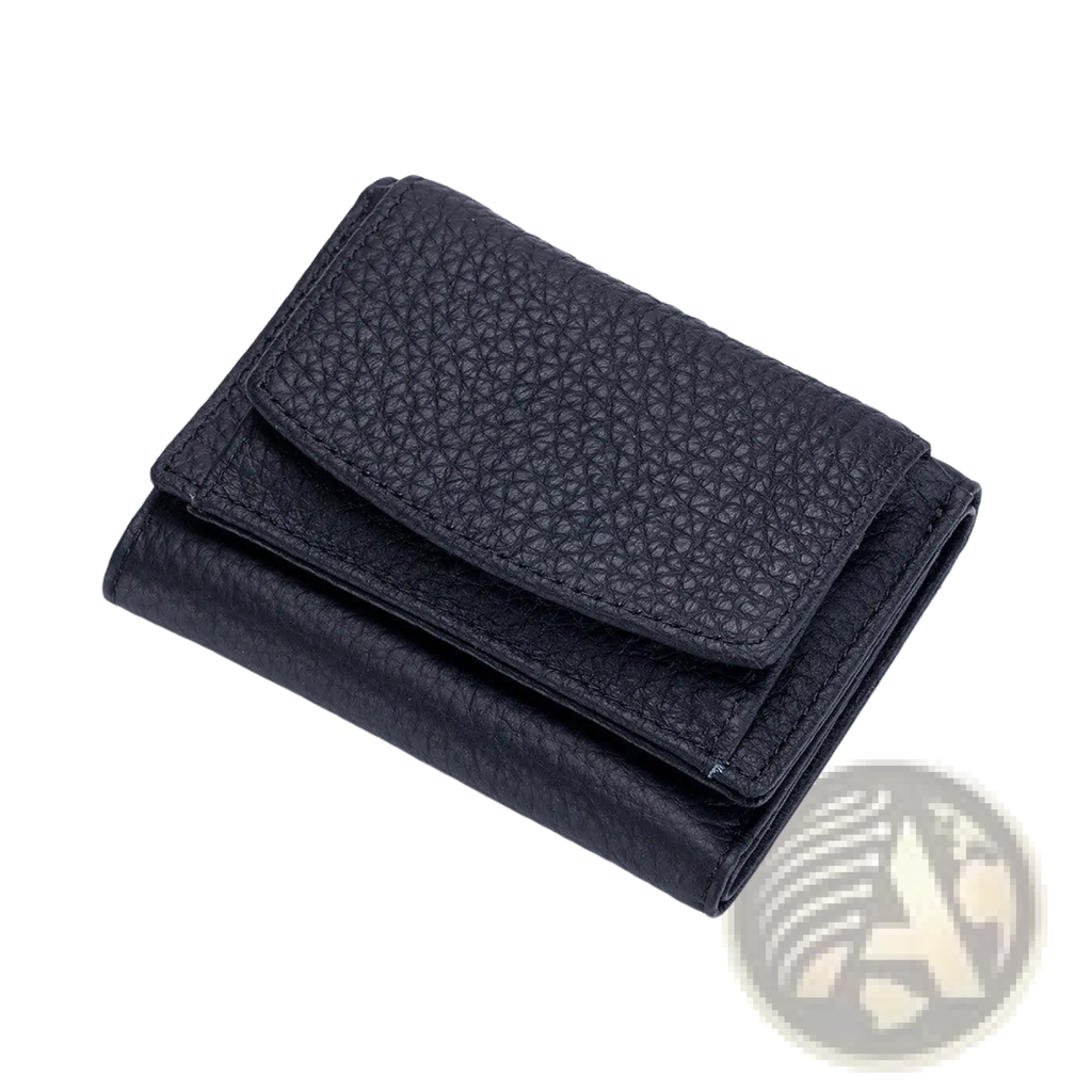 Black pebbled leather tri-fold wallet compact cowhide bifold card holder for organized everyday use