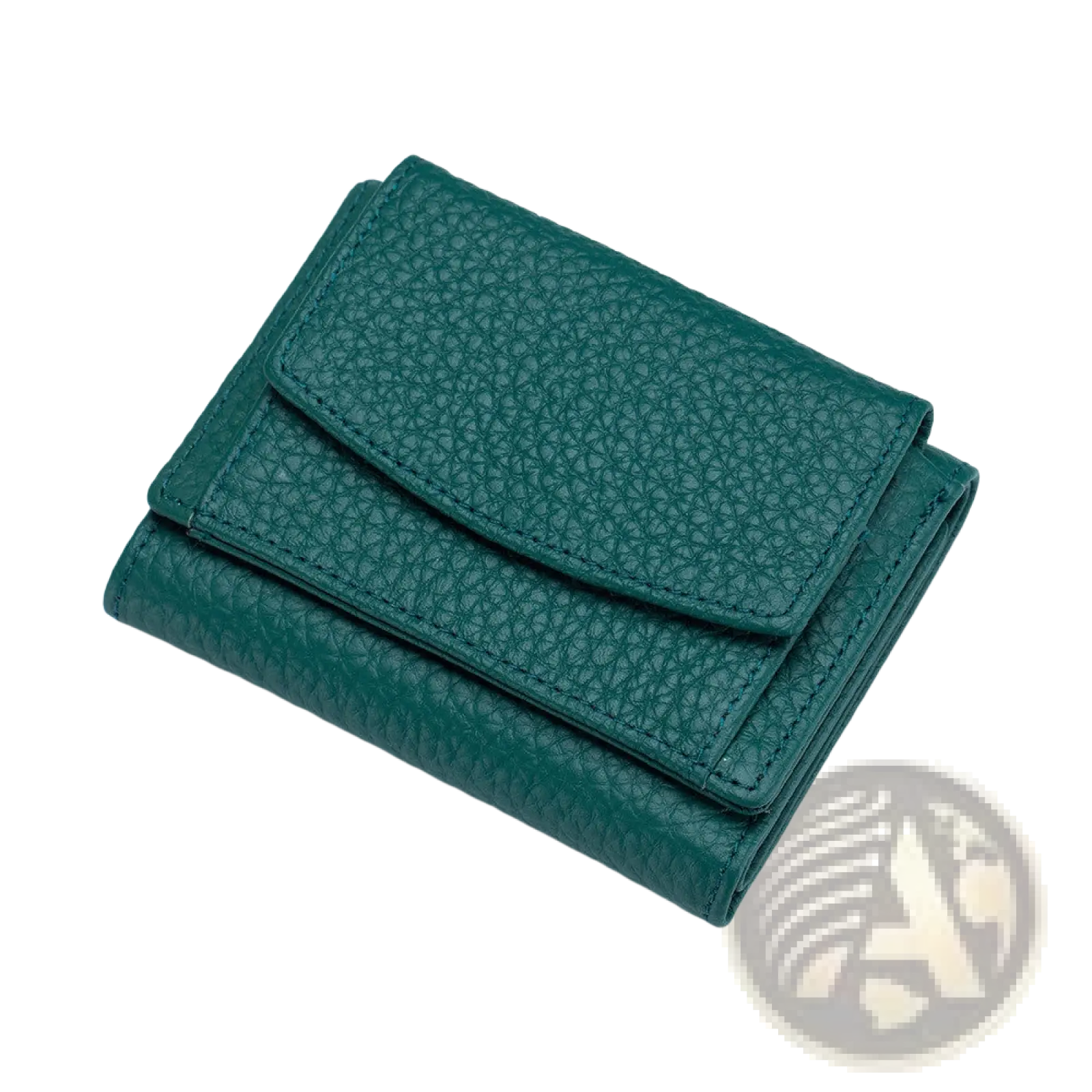 A compact dark green pebbled leather tri fold wallet with neat stitching in a minimalist cowhide bifold design