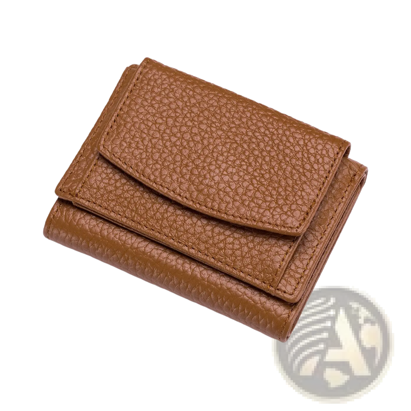 A tan pebbled leather mini wallet with neat stitching and compact trifold design for card holding and bifold use