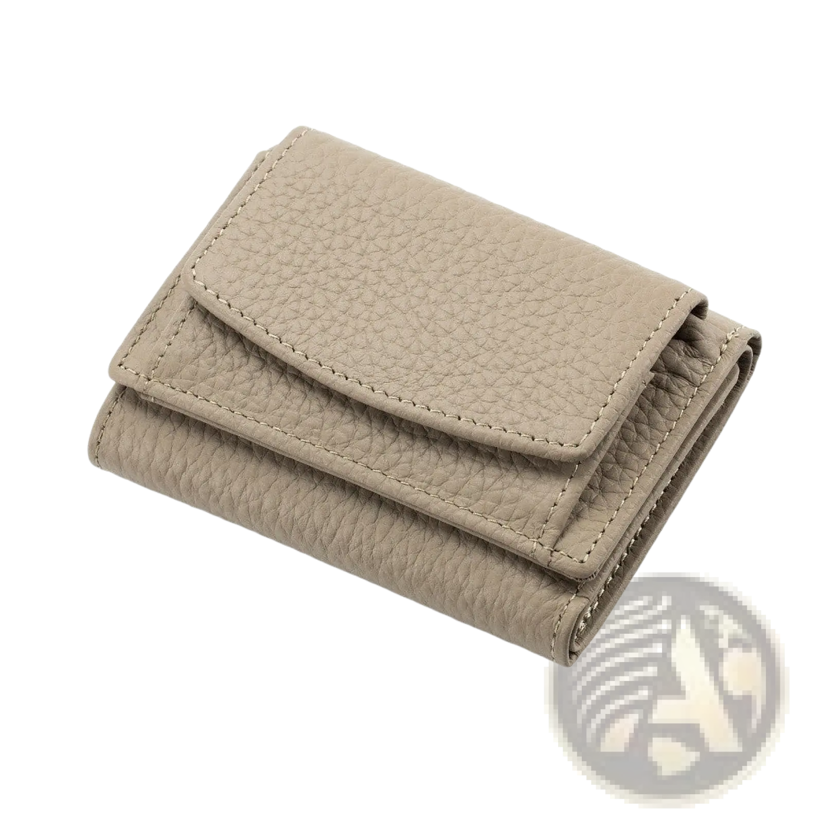 Beige textured leather mini wallet compact cowhide tri-fold bifold card holder with matching stitching