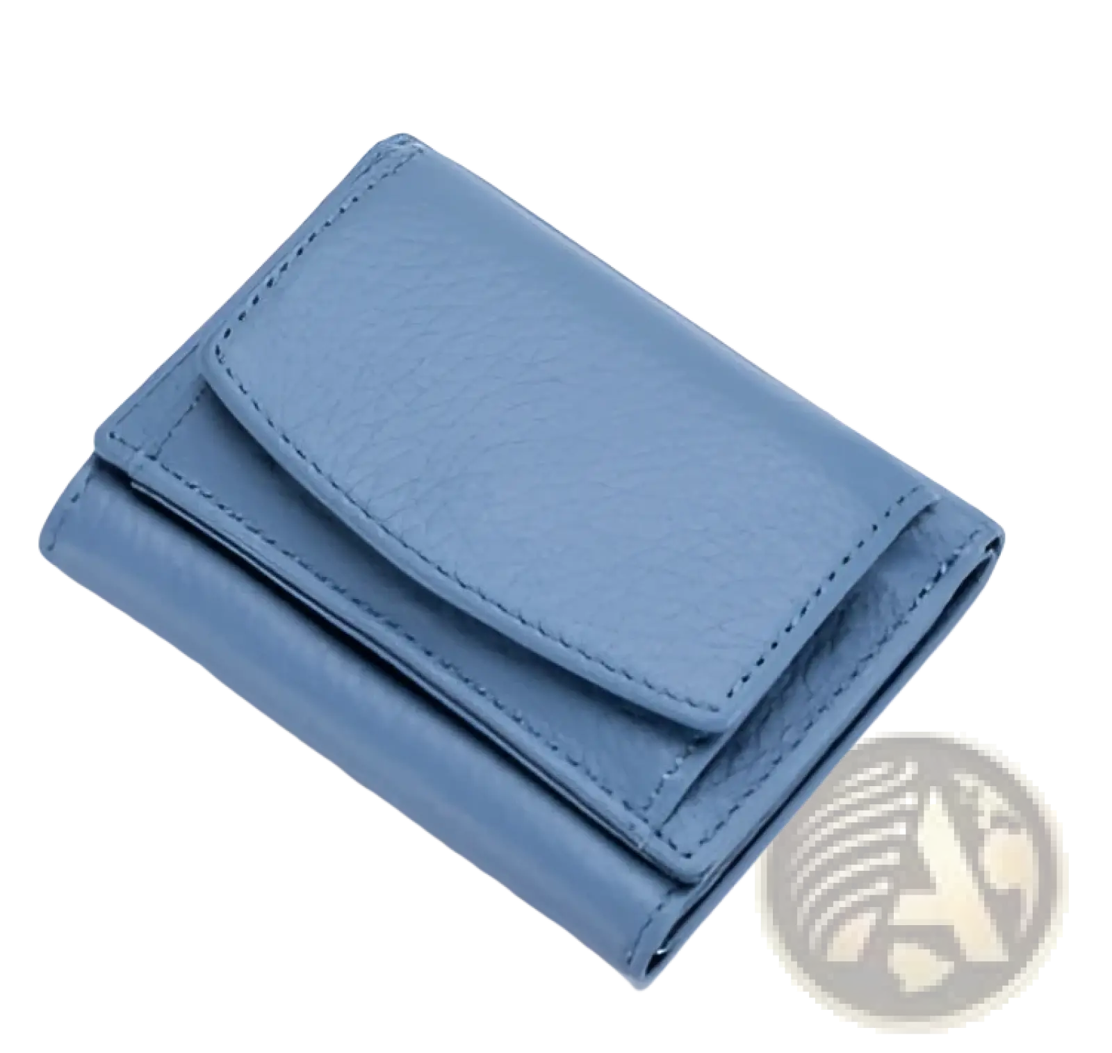 A sleek light blue leather mini trifold wallet with precise stitching and smooth cowhide texture for compact card holding