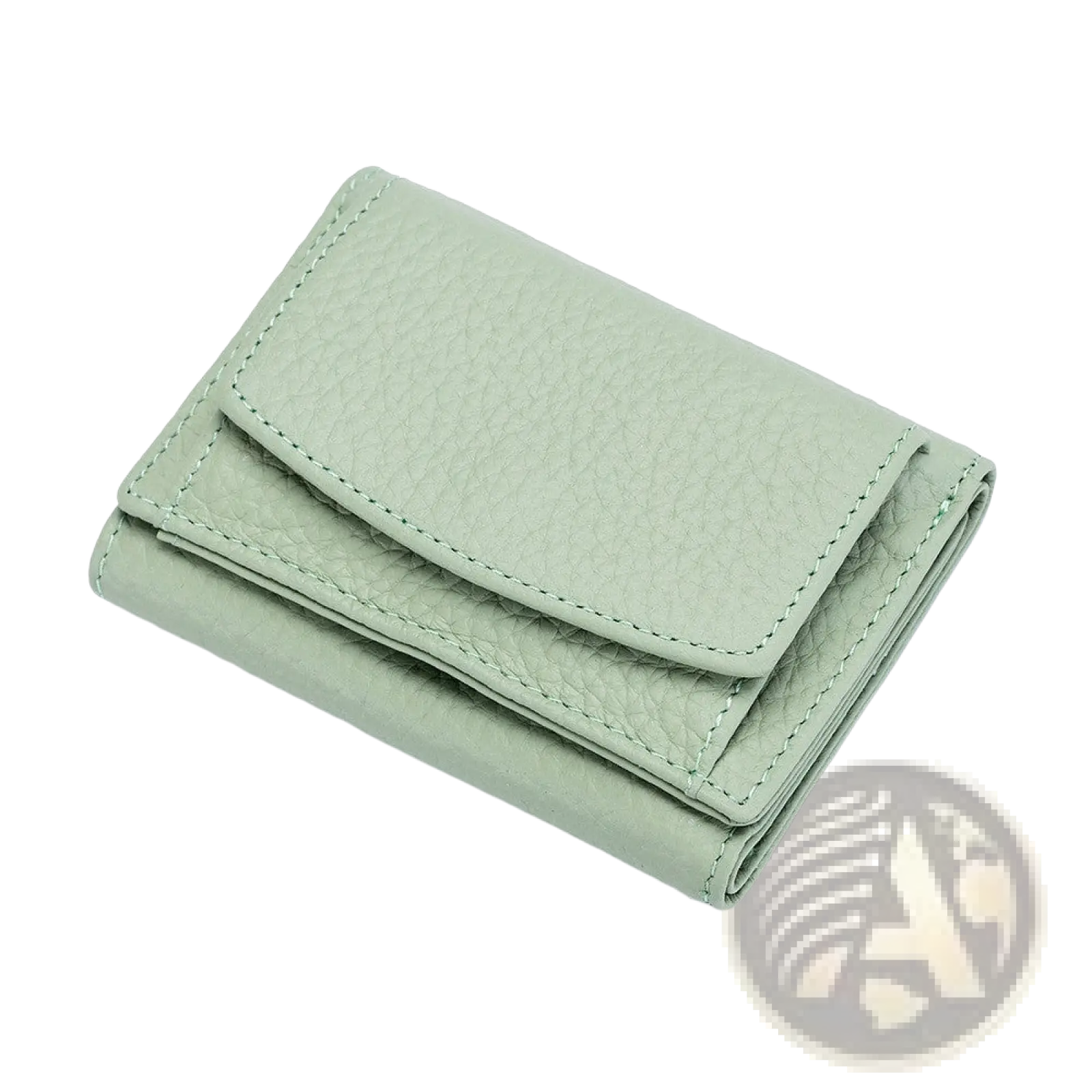 A compact light green leather mini wallet with textured cowhide surface and neat stitching for card holding