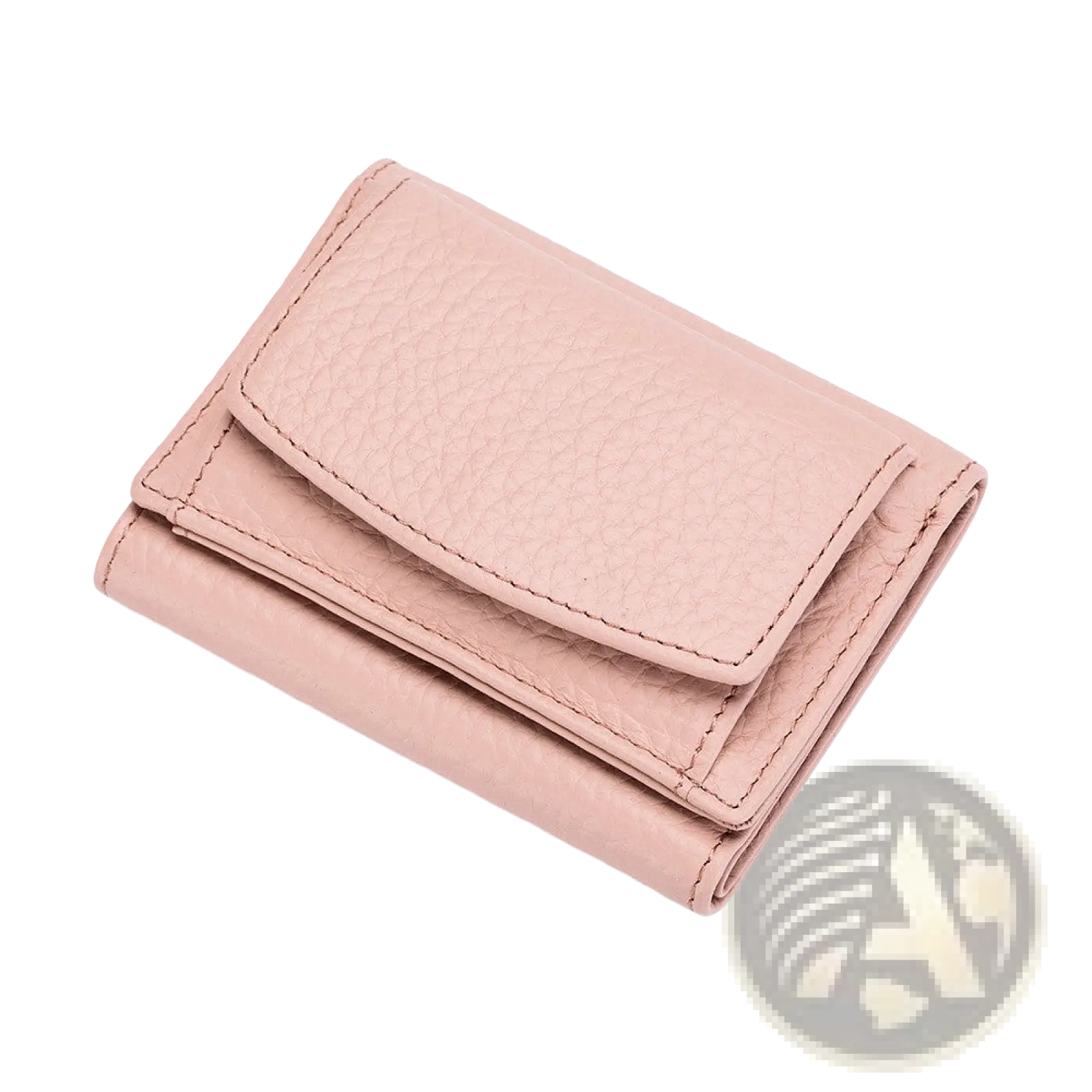 A soft pink textured leather mini trifold wallet with neat stitching made of cowhide for compact card holding