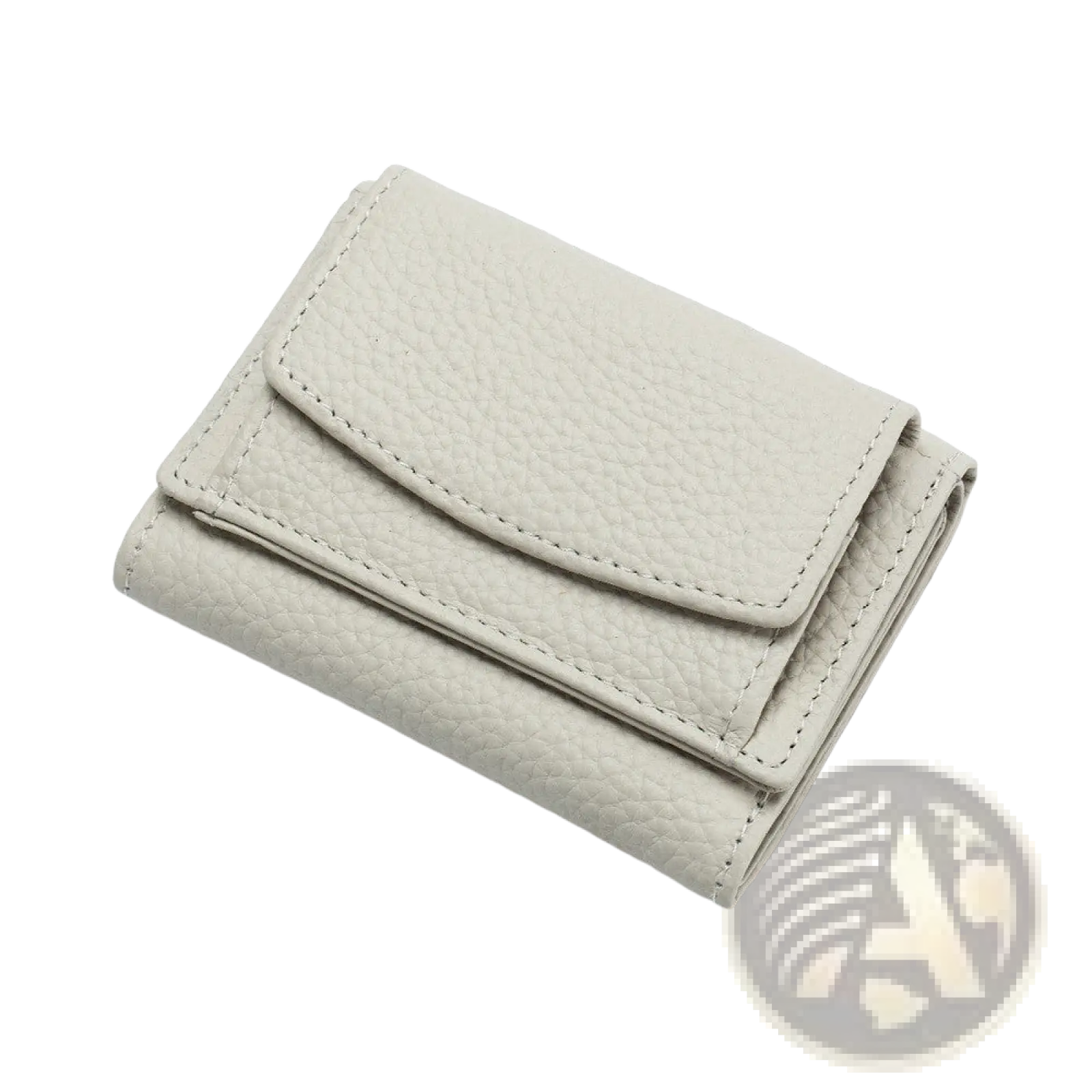 Beige textured leather tri-fold wallet with light stitching compact cowhide card holder for minimalist use