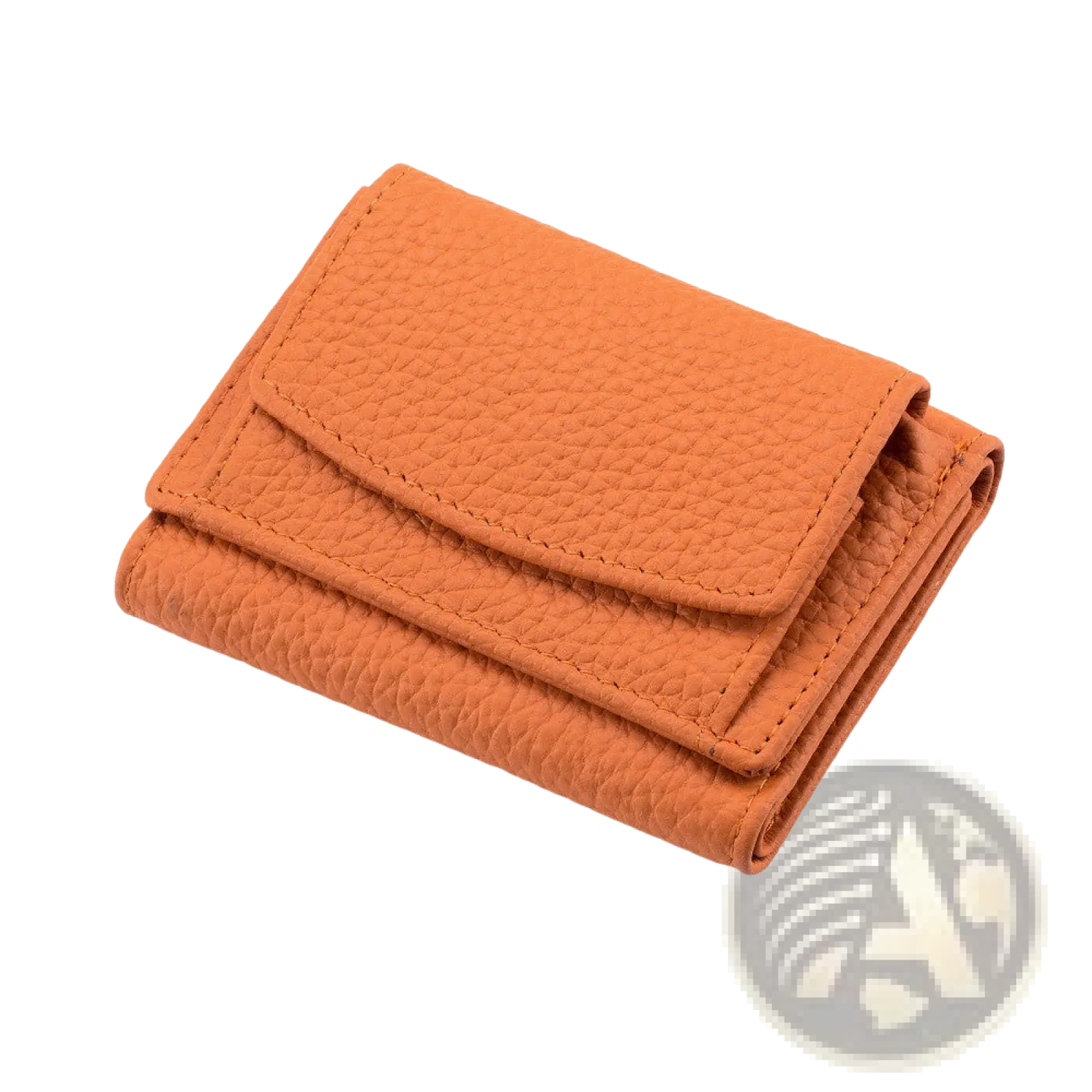 A compact orange leather mini wallet with pebbled cowhide texture and neat stitching for card holding