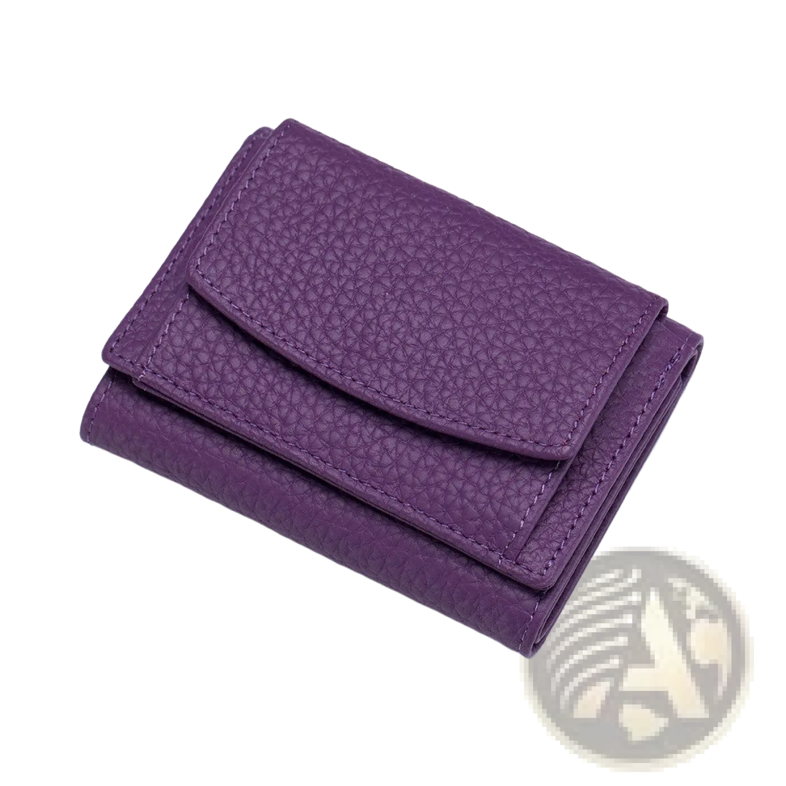 Purple textured leather trifold mini wallet with visible stitching compact cowhide bifold card holder