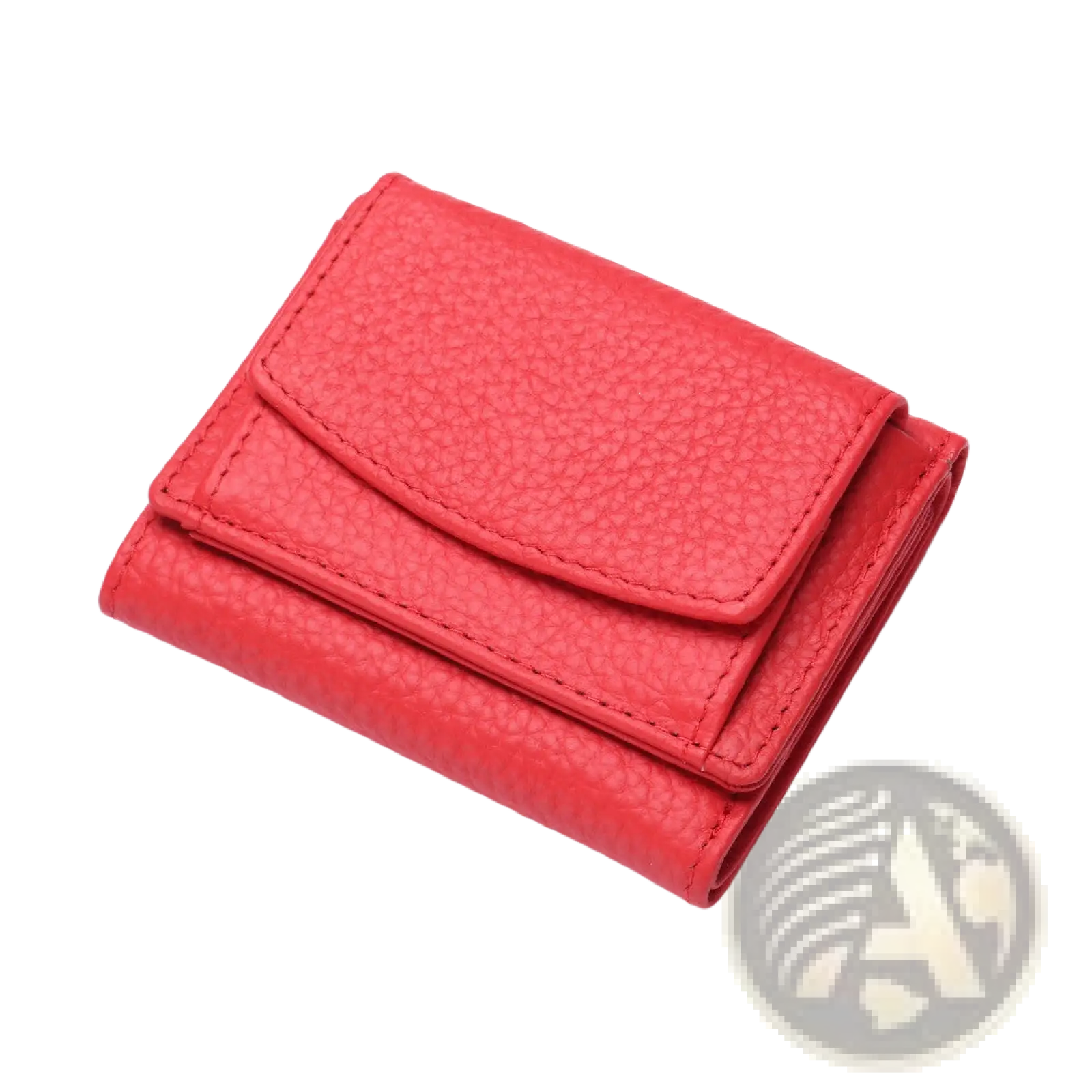 A vibrant red leather mini tri-fold wallet made of textured cowhide with neat stitching along the edges