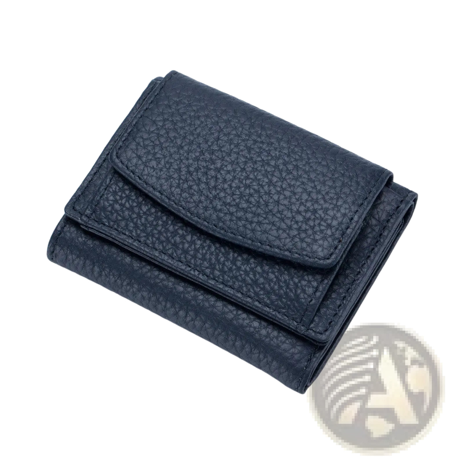 Dark blue textured leather mini wallet compact cowhide bifold card holder with precise stitching visible on front side