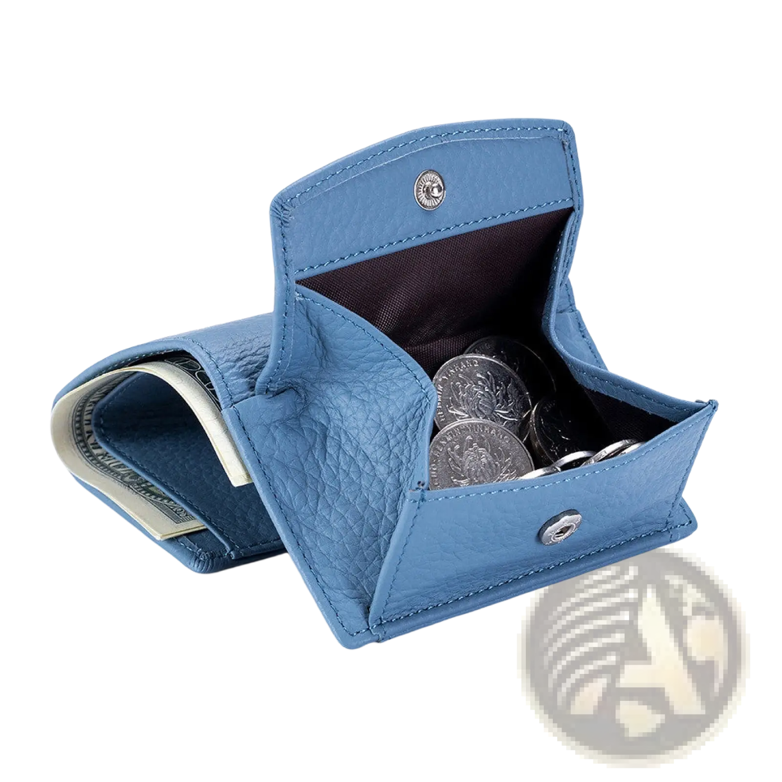 Light blue textured cowhide leather mini wallet with silver snap buttons and dark interior holding coins and bills