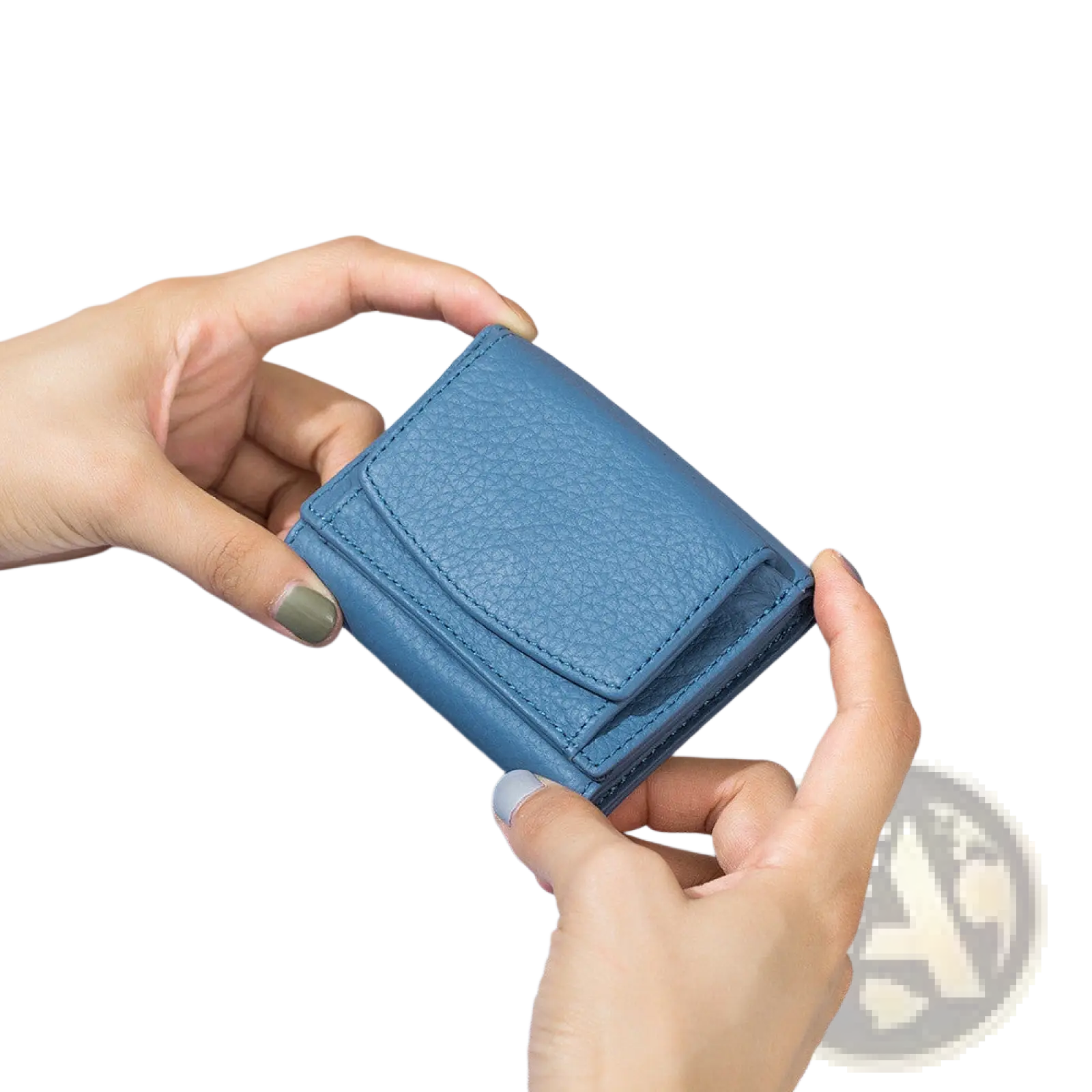 A compact blue textured leather bifold mini wallet made of cowhide with minimalist design and visible stitching
