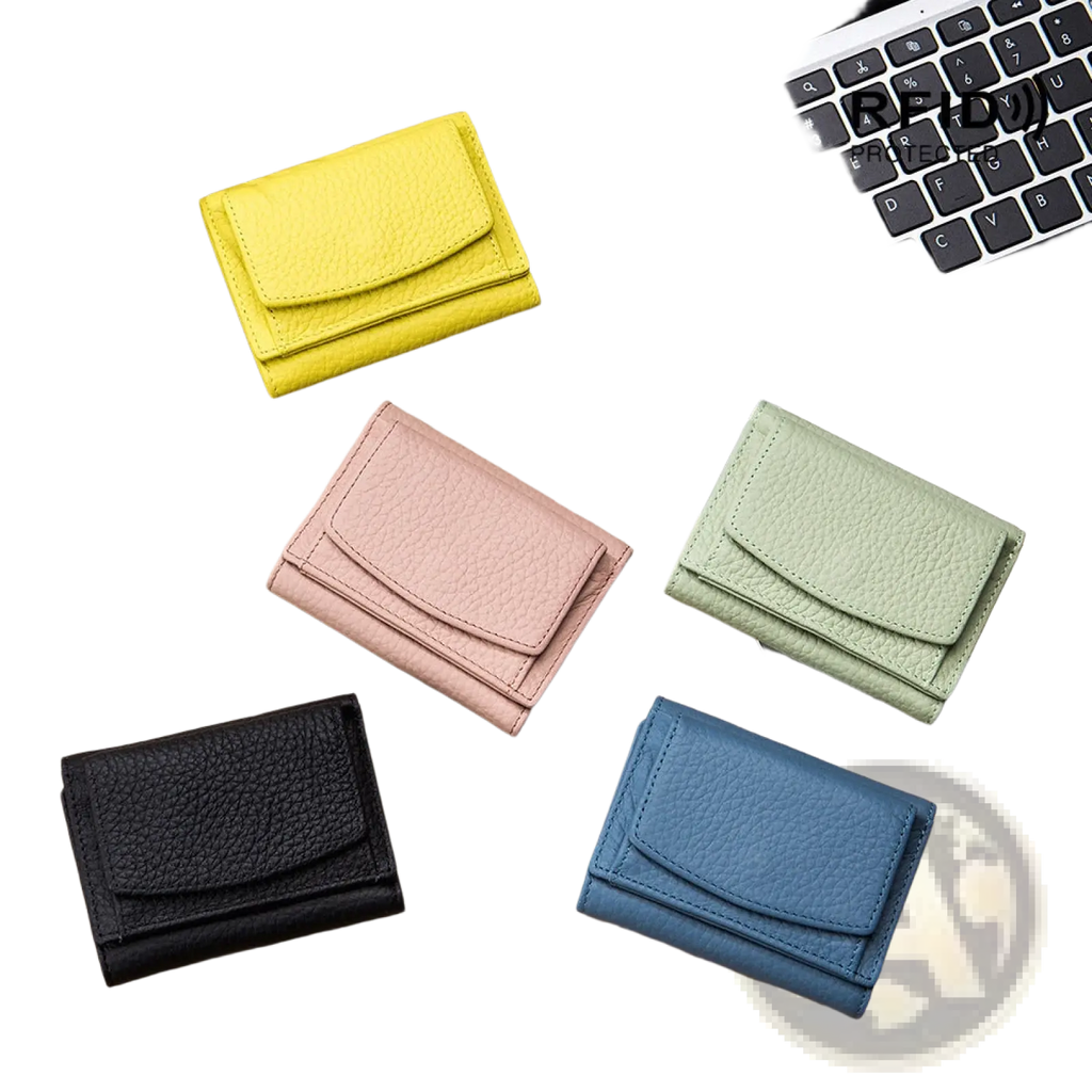 Yellow textured leather tri-fold wallet made of cowhide designed as a compact bifold card holder for convenient use