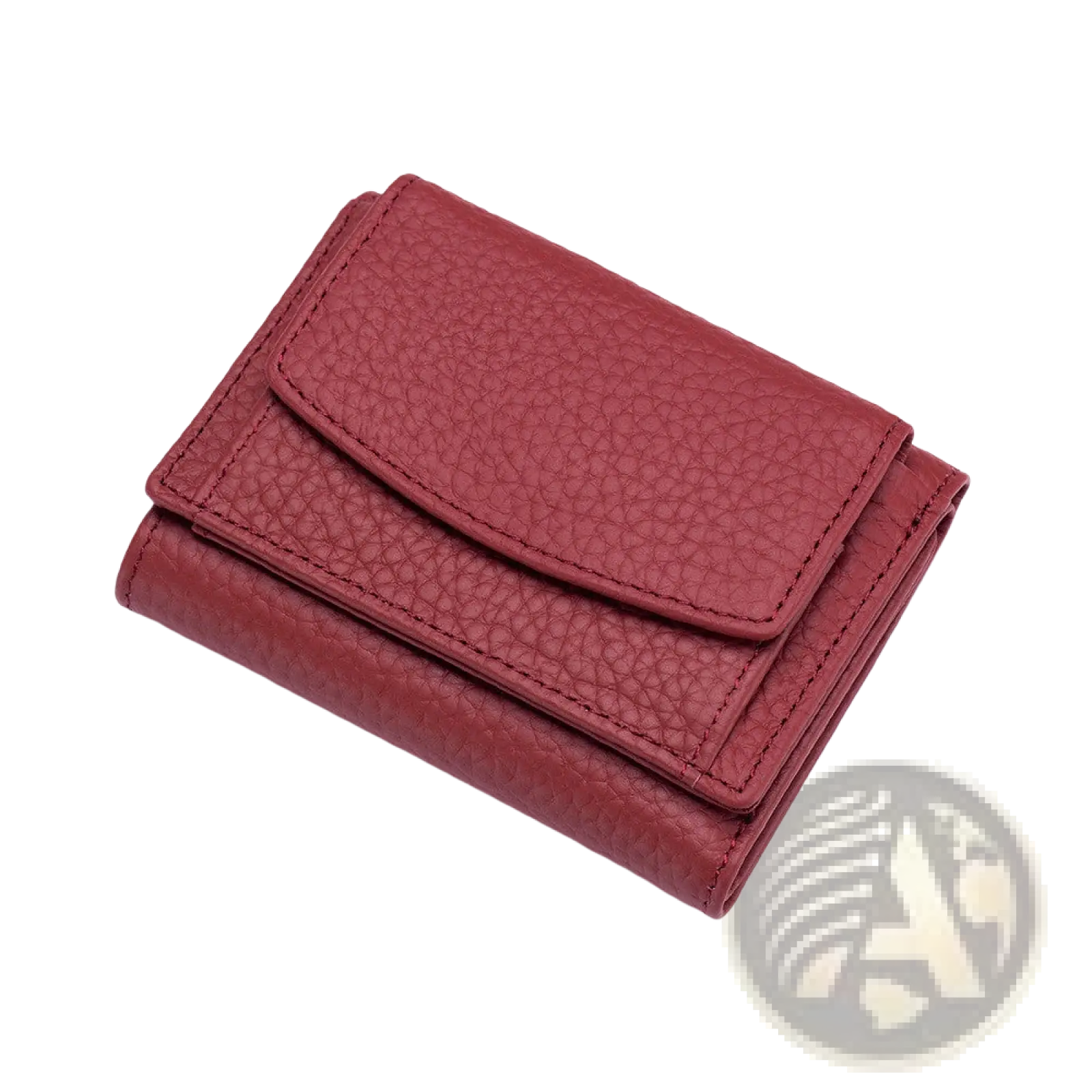 A compact red leather mini bifold wallet with pebbled cowhide texture and neat stitching for card organization