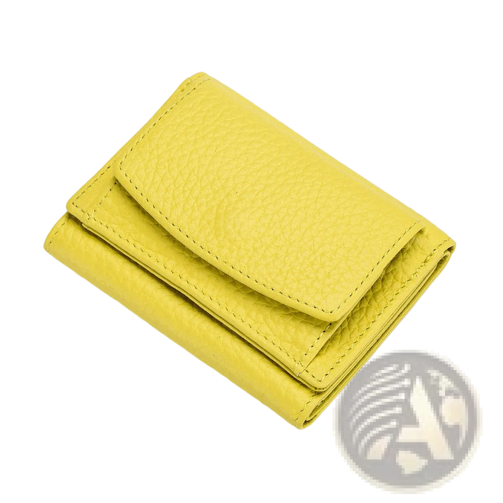 A compact vibrant yellow leather mini wallet with textured cowhide surface and neat stitching for card holding