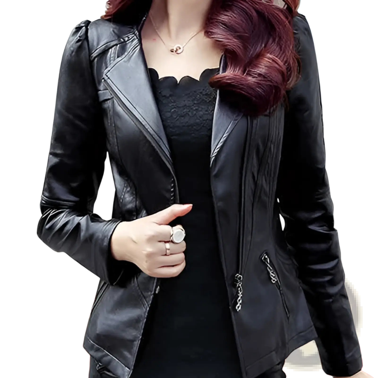 Black faux leather leather moto jacket with high collar, puff sleeves, zipper details, and scalloped neckline front view