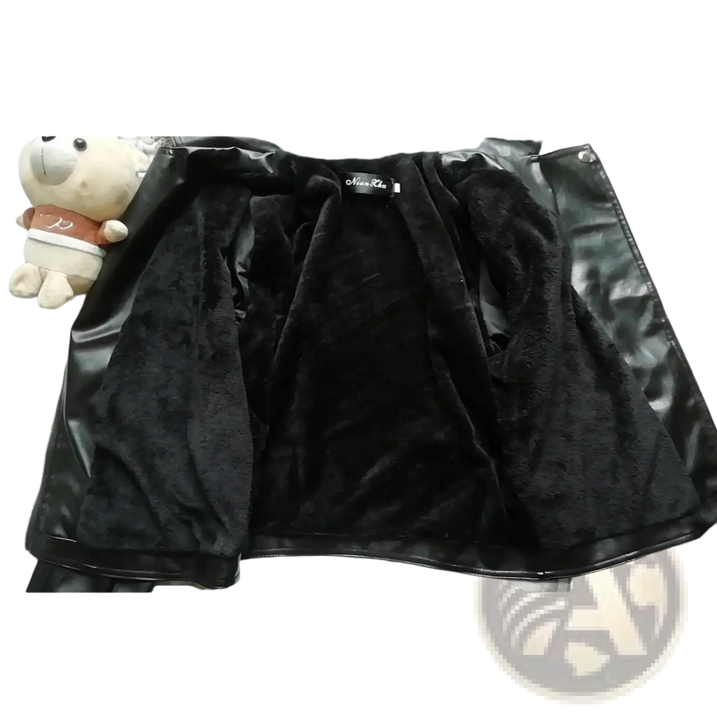 Black faux leather moto jacket with high collar puff sleeves and plush black fleece lining for added warmth