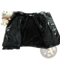 Black faux leather moto jacket with high collar puff sleeves and plush black fleece lining for added warmth