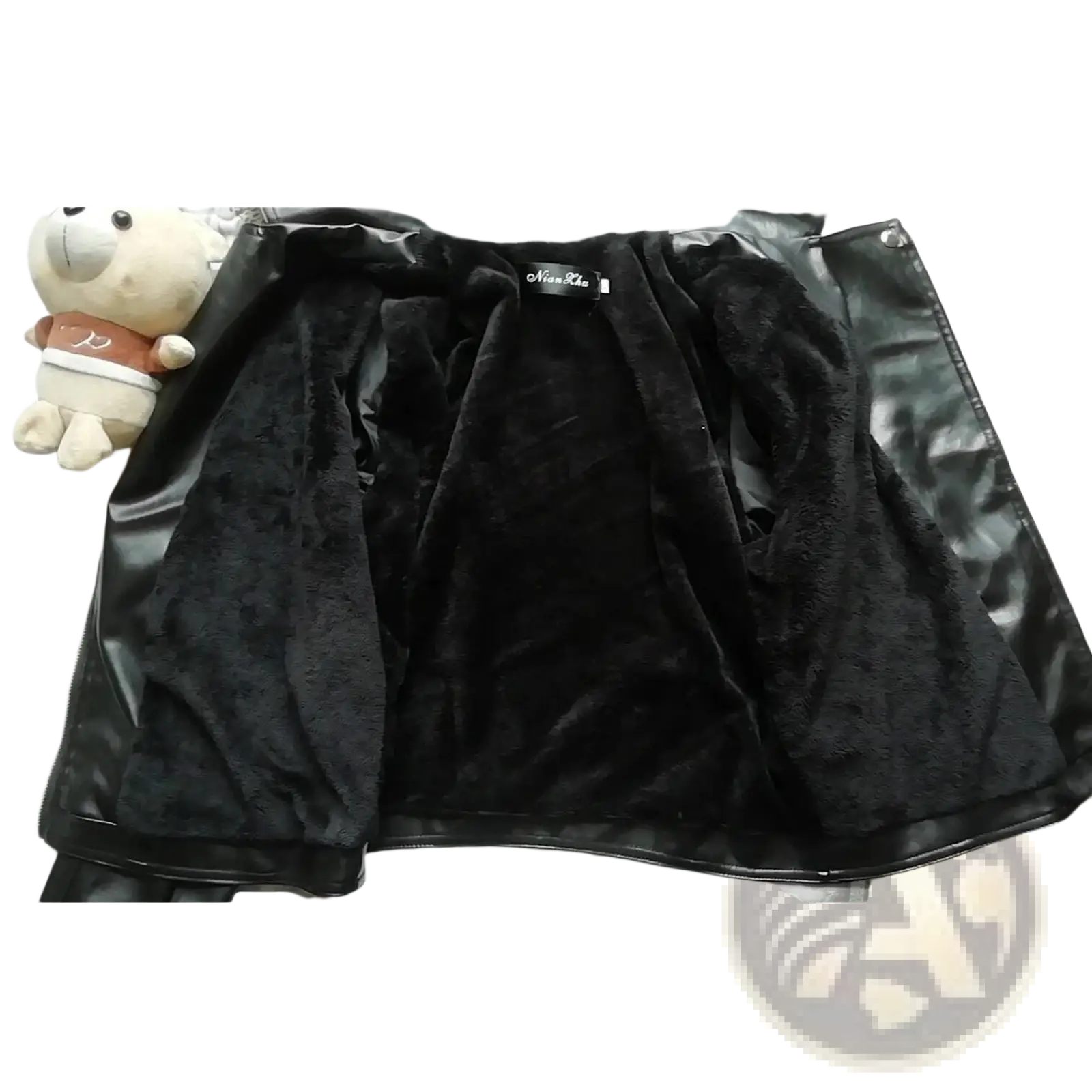 Black faux leather moto jacket with high collar puff sleeves and plush black fleece lining for added warmth