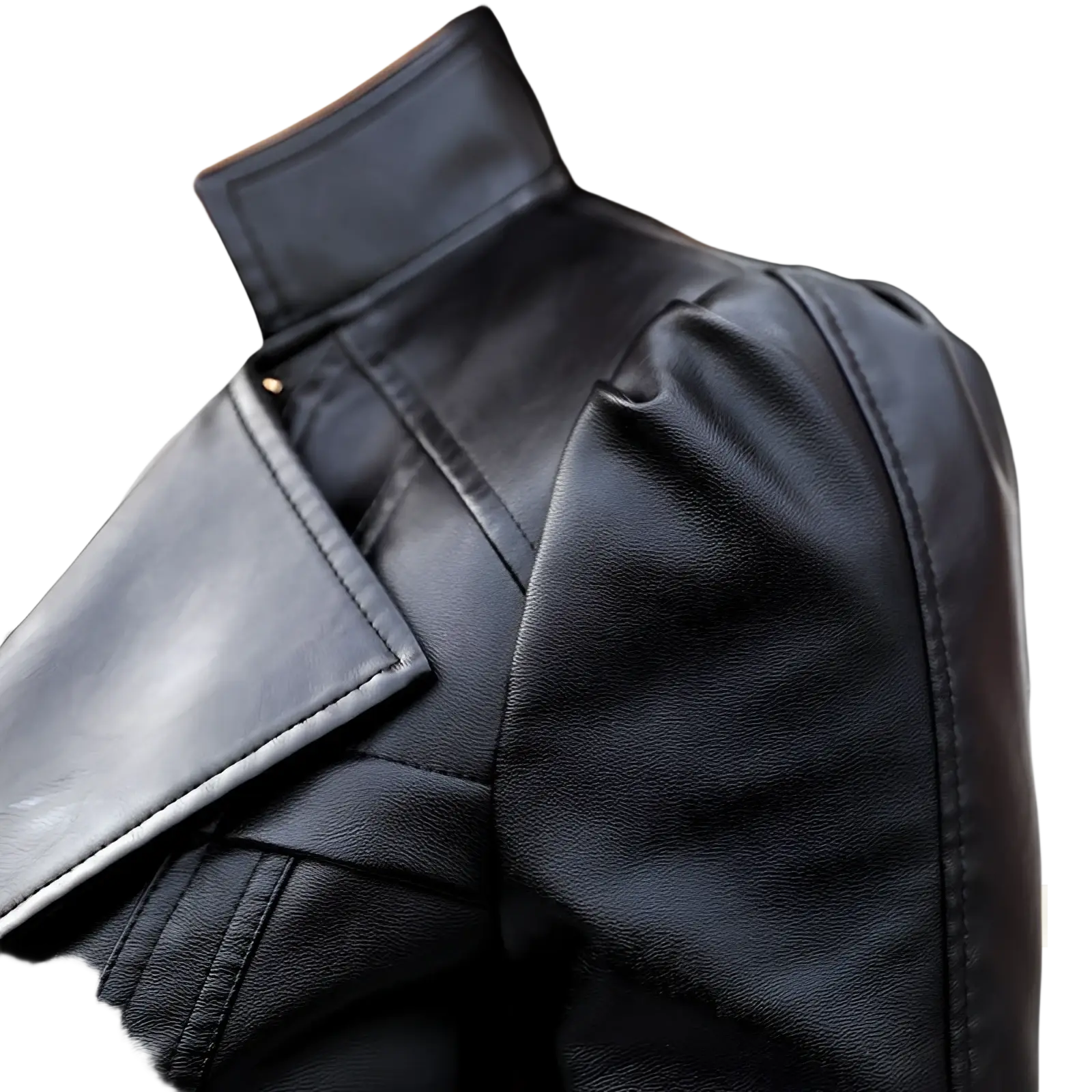 Black faux leather moto jacket with high collar and structured puff sleeves for stylish outerwear look