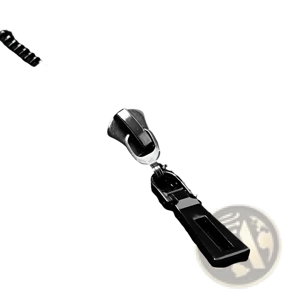 Black leather moto jacket zipper with silver metal pull tab and black plastic slider on high collar puff sleeve design