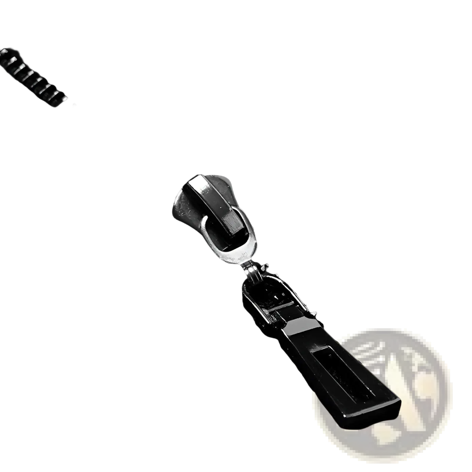 Black leather moto jacket zipper with silver metal pull tab and black plastic slider on high collar puff sleeve design