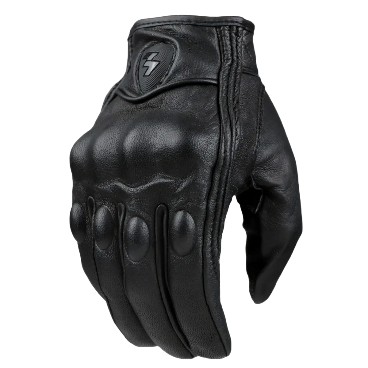 Black leather motorcycle glove with carbon knuckle padding and lightning bolt logo on the back side for riding gear